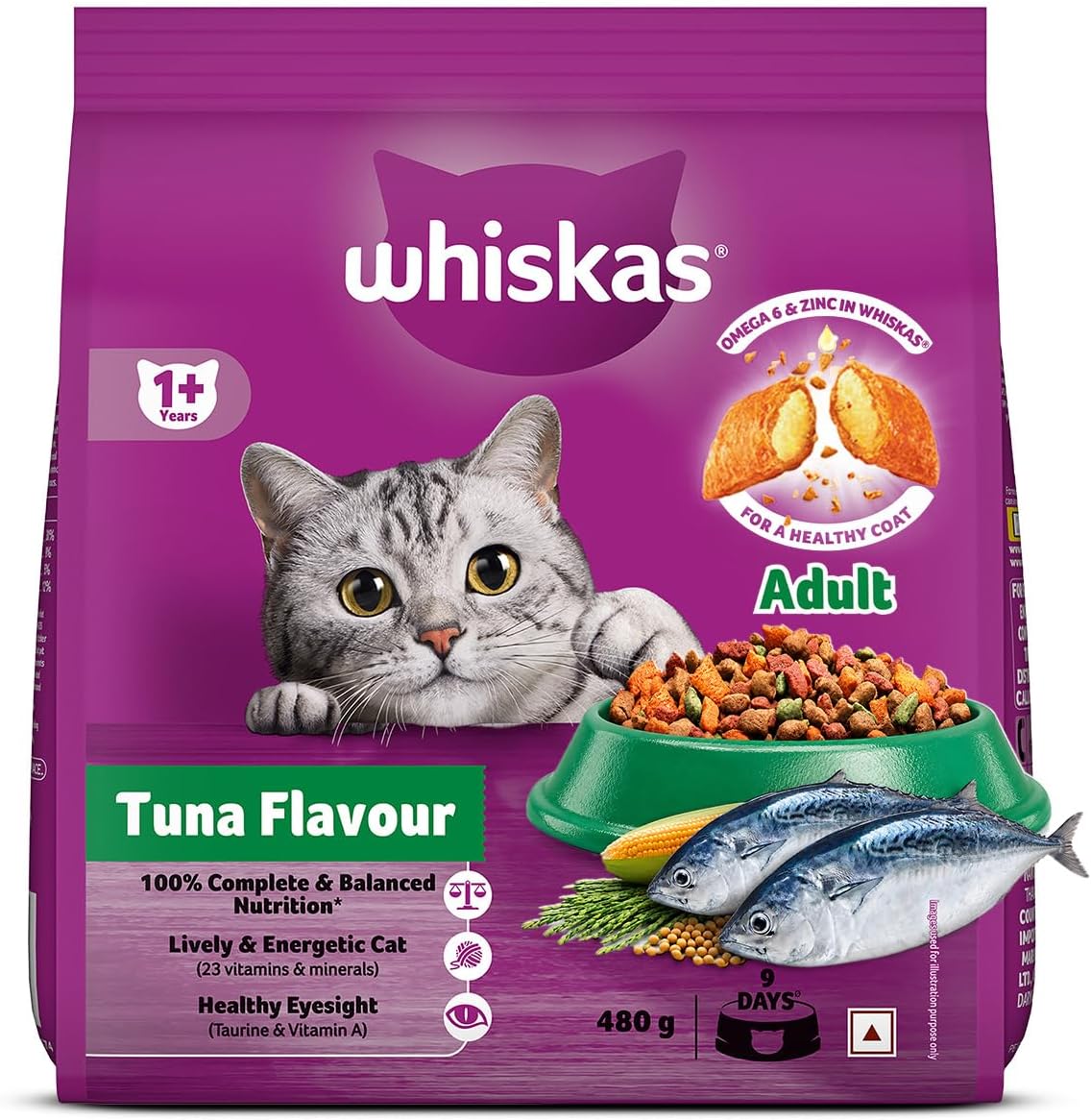 Adult (1+ Years) Dry Cat Food, Tuna Flavour, 480 g, Contains 41 Essential Nutrients, Complete & Balanced Nutrition for Adult Cats