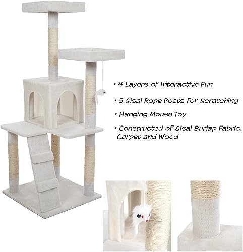 Miniatura 2 de PETMAKER - Torre para gatos de 4 niveles, perchas para siestas, condominio para gatos con escalera, 5 postes rascadores de cuerda de sisal, juguete