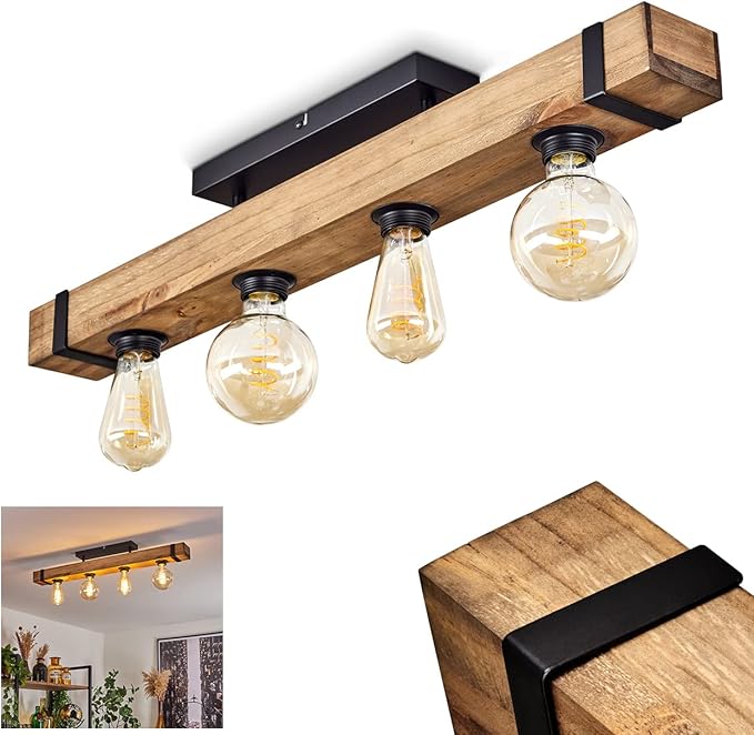 hofstein Plafondlamp Montgomery, moderne plafondlamp van metaal/hout in zwart/natuur, lamp met houten stang in vintage design, 4 lampen, 4 x E27, zonder gloeilampen