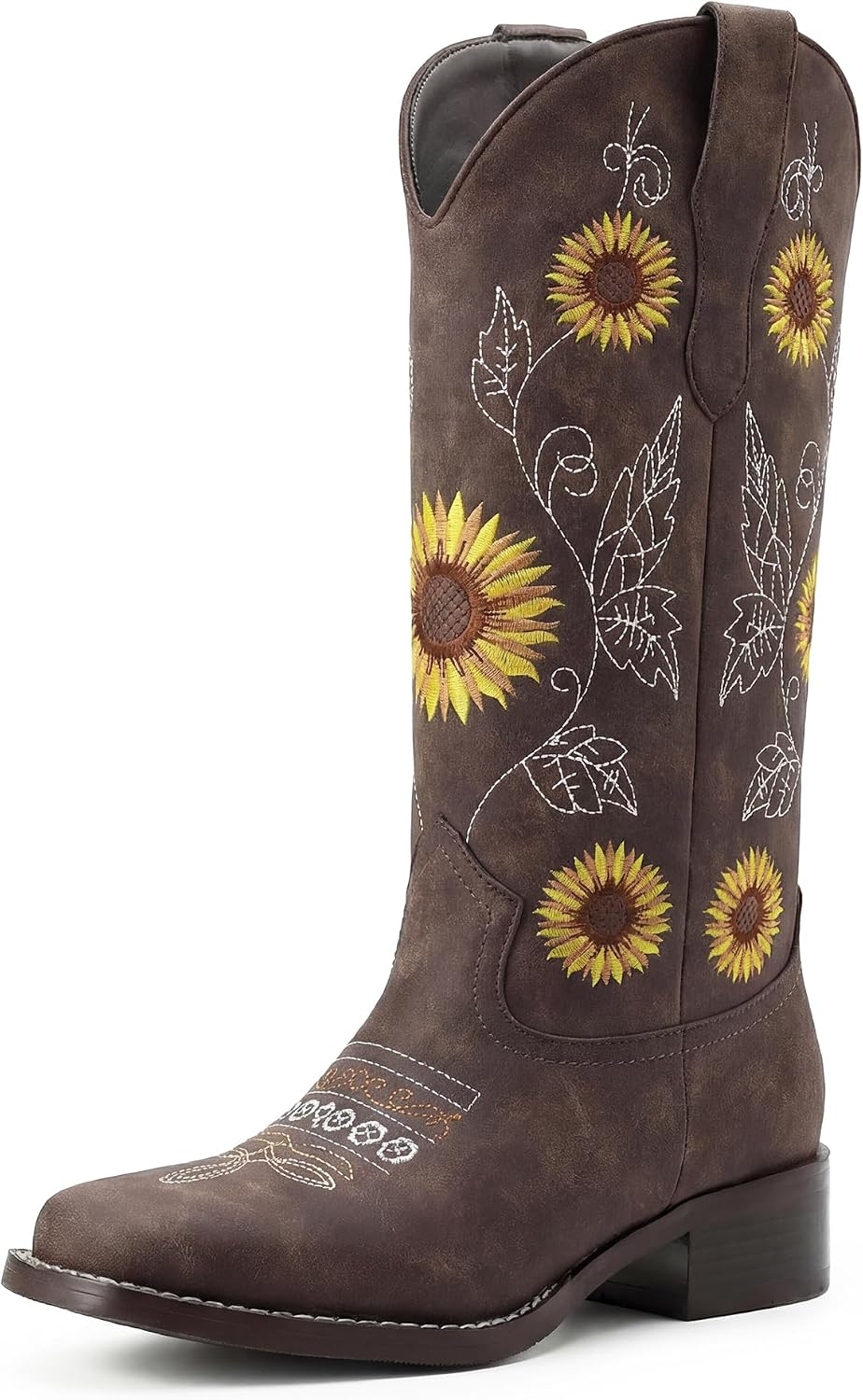 Cowboy Boots for Women Square Toe Cowgirl Boots Chunky Heel Mid Calf Sunflower Embroidered Western Pull On Comfortable Retro Stylish Riding Boots