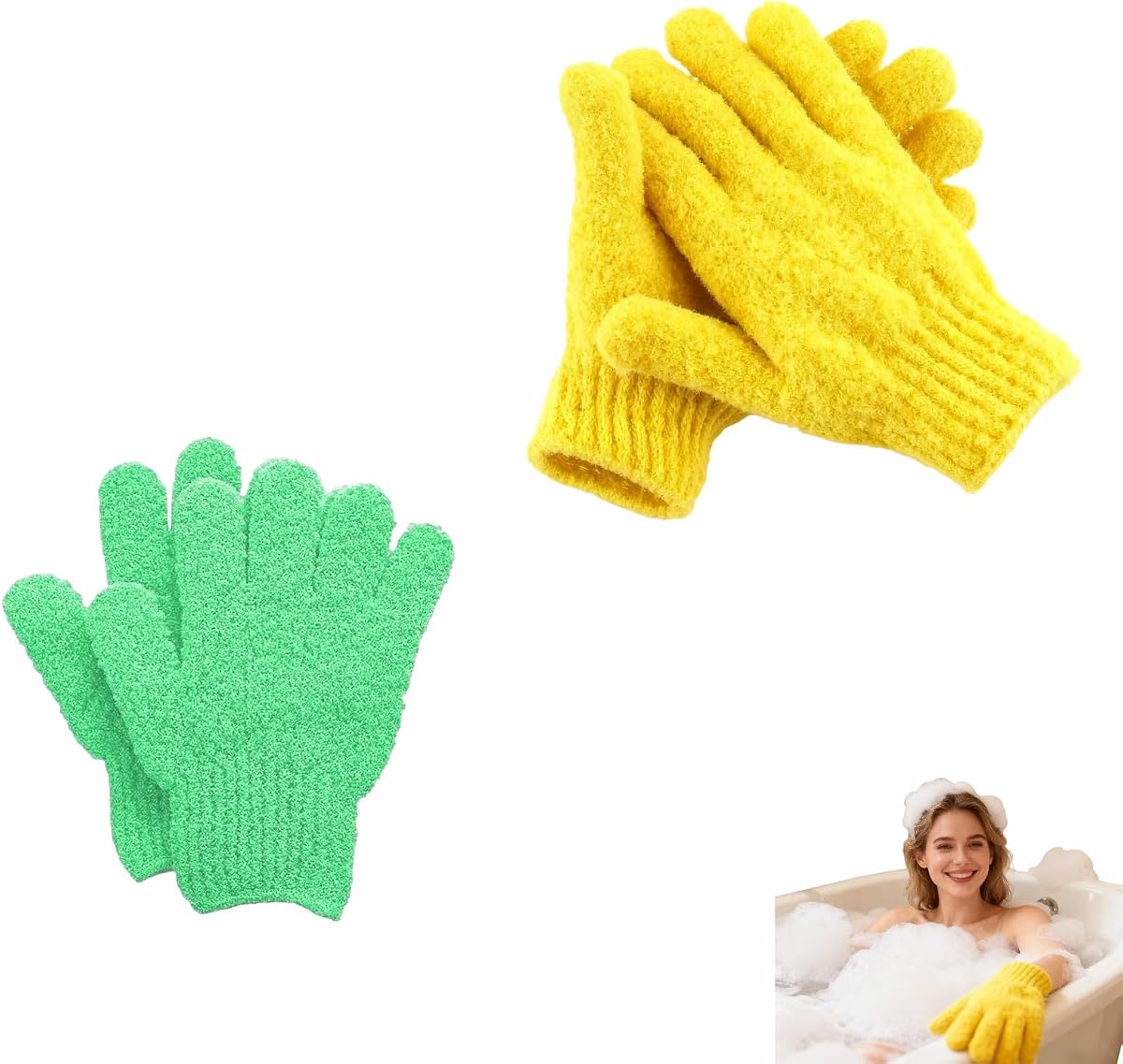 Paquete de 4 guantes de baño exfoliantes SpaGlow: exfoliante corporal y facial para una piel suave, previene el acné y destapa los poros. Set de regalo de spa de masaje y limpieza profunda para mujeres/hombres, amarillo y verde
