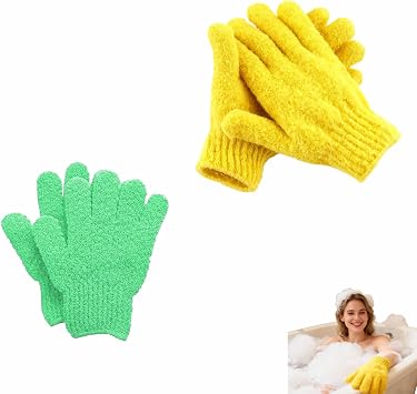 4-Pack SpaGlow Exfoliating Bath Gloves - Body & Face Scrub for Smooth Skin, Prevent Acne, Unclog Pores. Deep Cleansing and Massage Spa Gift Set for Women/Men, Yellow and green
