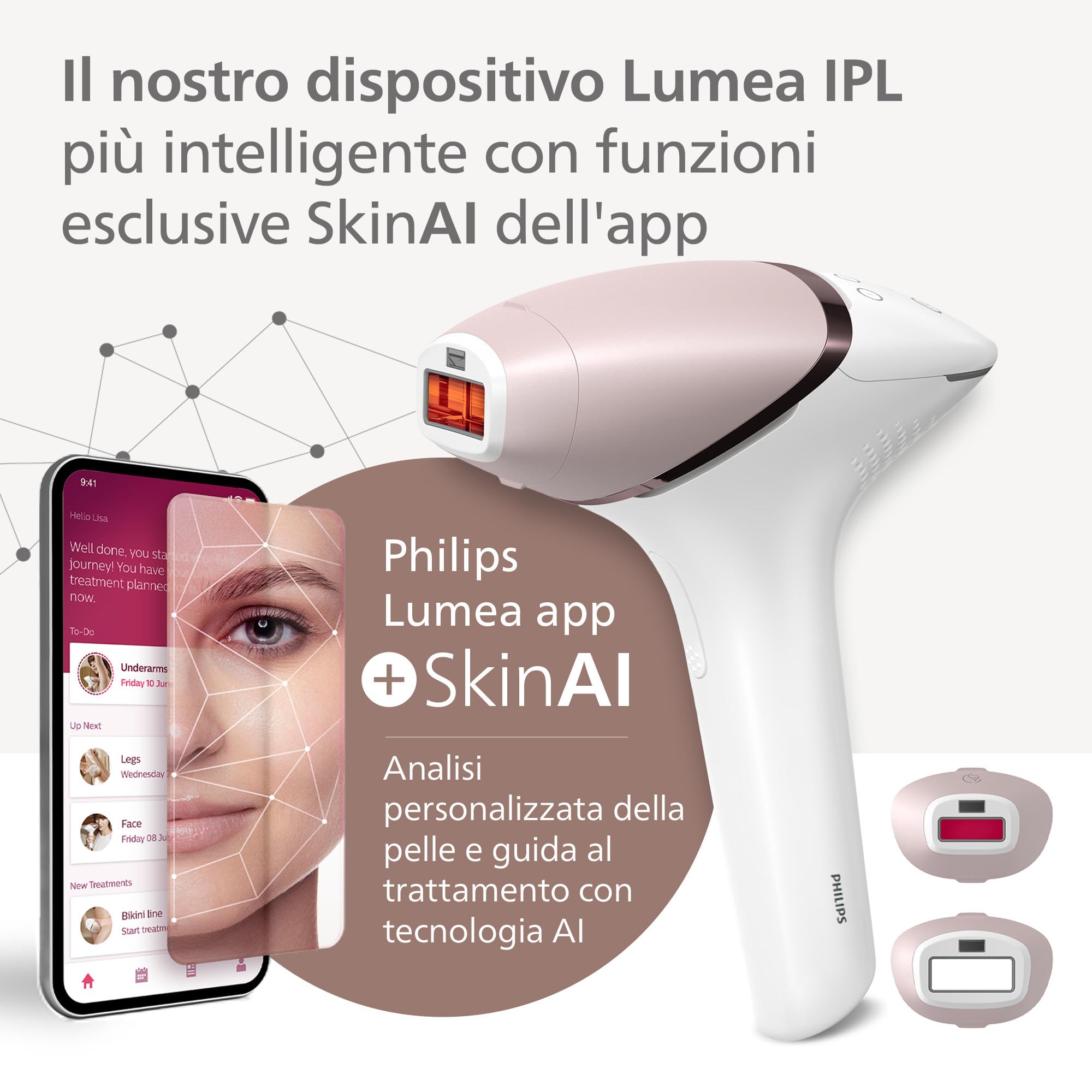 Philips Lumea Serie 9900, dispositivo di depilazione IPL, alternativa alla depilazione laser, tecnologia SenseIQ e SkinAI, 2 accessori per corpo e viso, BRI950/02