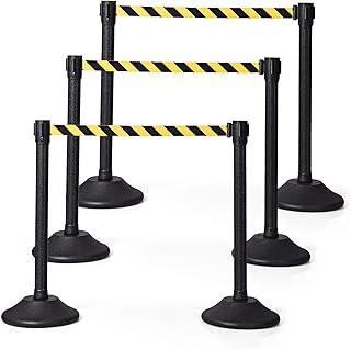 Goplus 6Pcs Stanchion Post, Crowd Control Rope Barrier with 6.3 Foot Retractable Belt, Plastic Stanchion Set Queue Pole, 36” Height, Easy Connect Assembly …