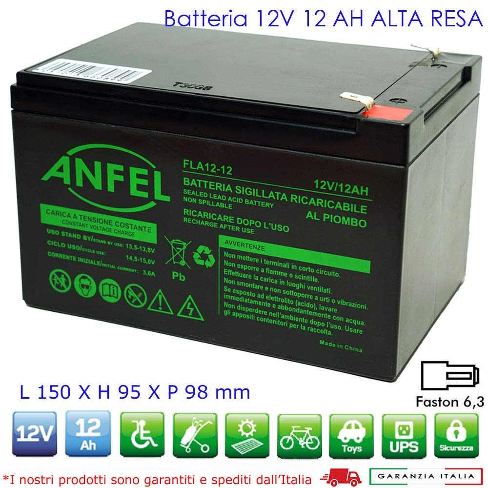 ANFEL Batteria Ricaricabile al Piombo VRLA 12V 12AH Faston F2 6.35mm per Allarmi Antifurti UPS
