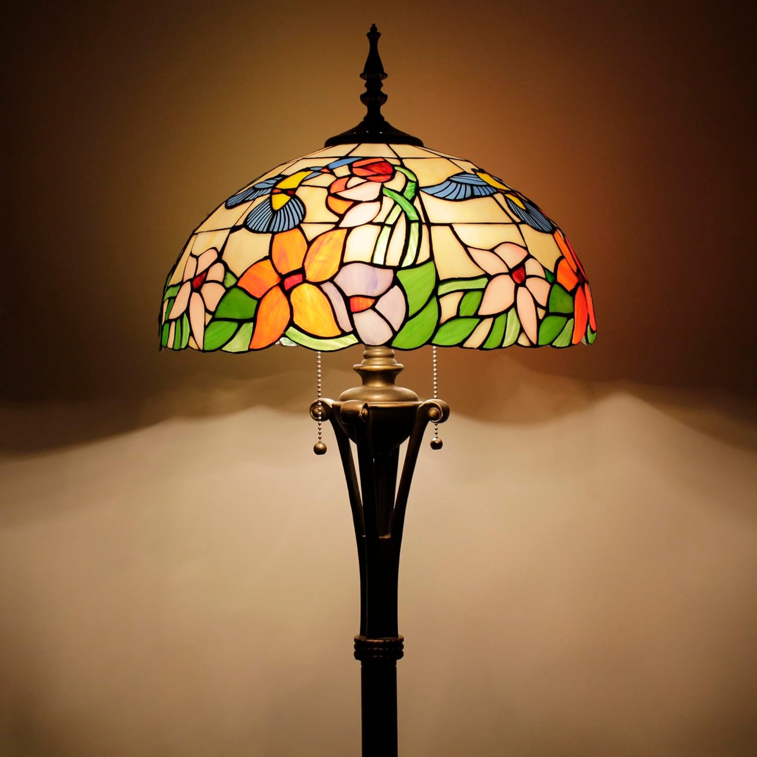Tiffany Floor Lamp Amber Hummingbird Stained Glass Standing Reading Light 16X16X70 Inches Antique Pole Corner Lamp Decor Bedroom Office Living Room