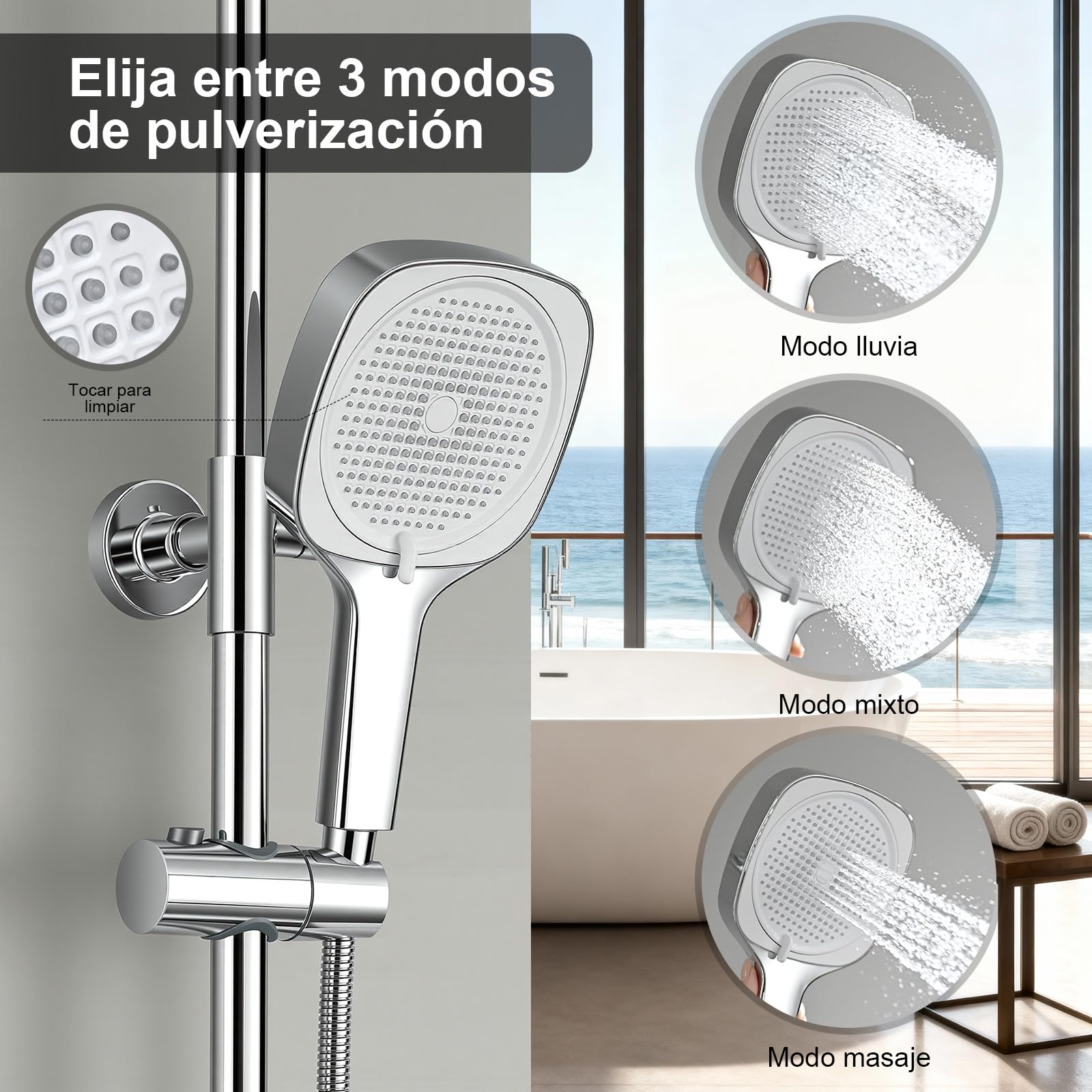 Sistema de ducha con termostato acero inoxidable ducha de lluvia cuadrada 3 tipos de chorro juego completo de ducha altura ajustable con protección antiquemaduras ahorro de agua