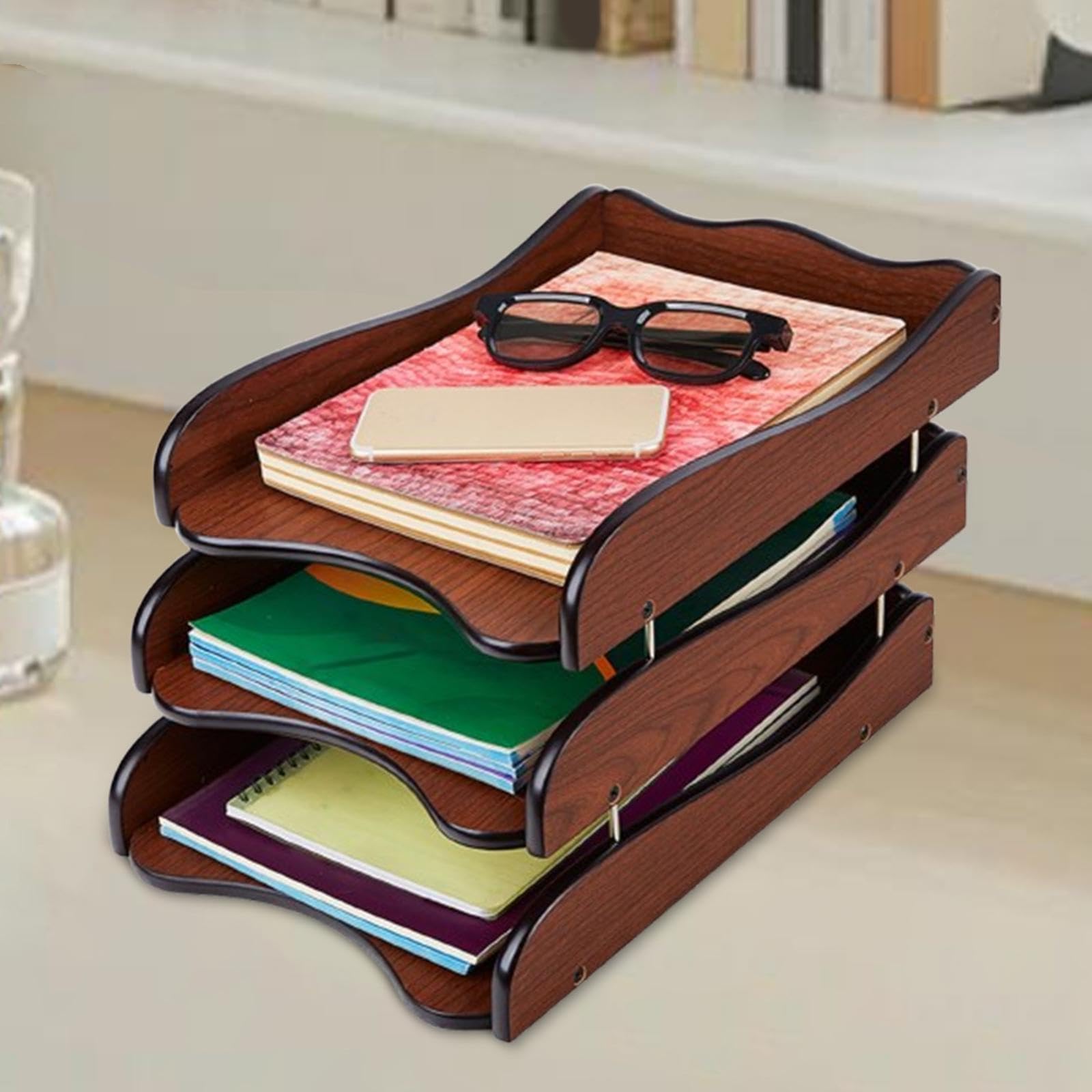 de Madera, Organizador de para Escritorio, Bandeja Apilable para Cartas, Estantes de Madera para Papelería de Oficina Y