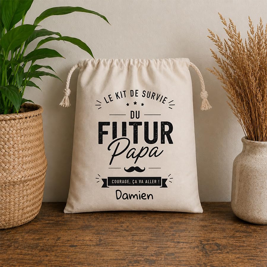 Grande pochette personnalisable avec cordons 30 x 40 cm – Sac polyester personnalisé multifonction (Futur papa)