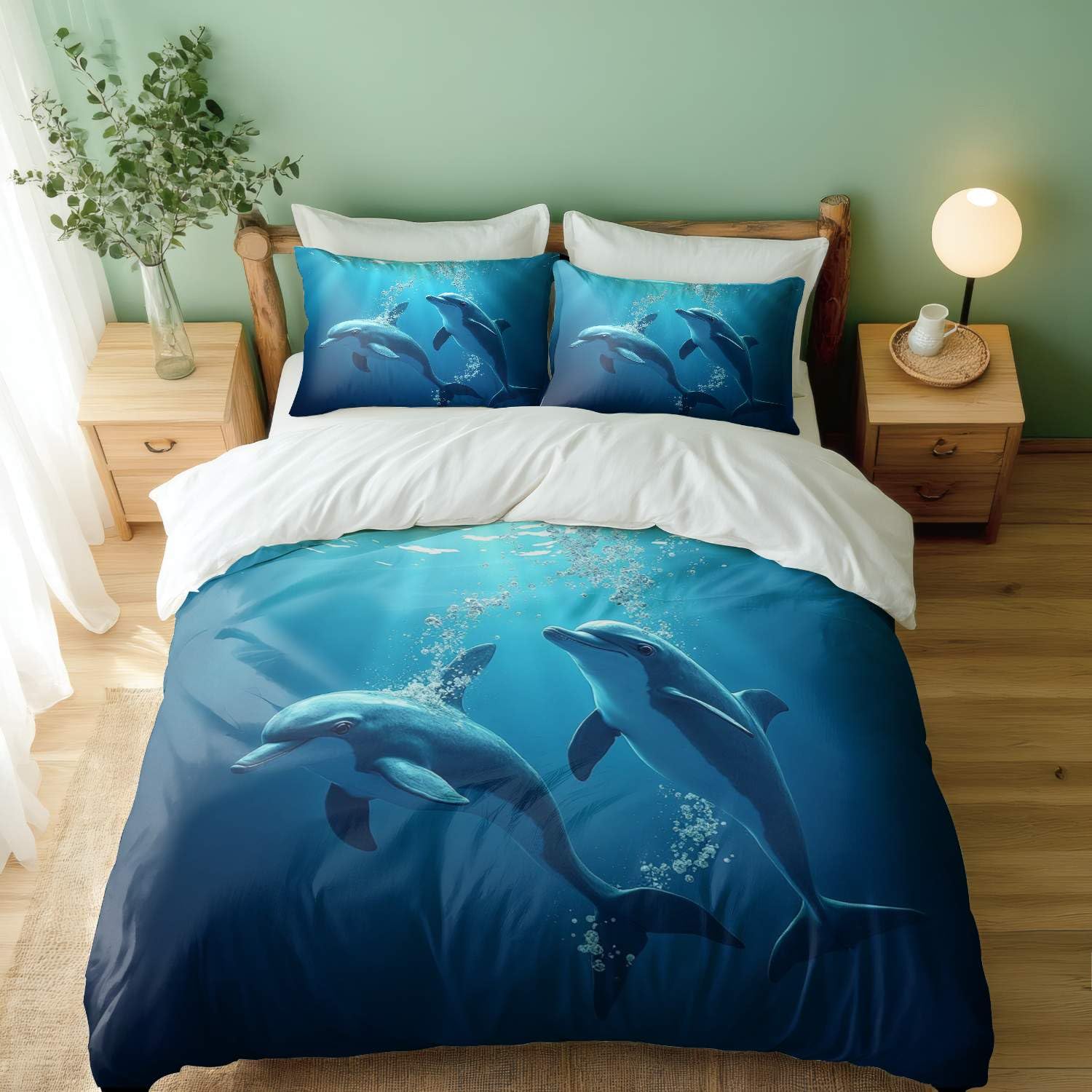 Linge de lit enfant thème mer avec housse de couette dauphin et 2 taies 50x75 cm