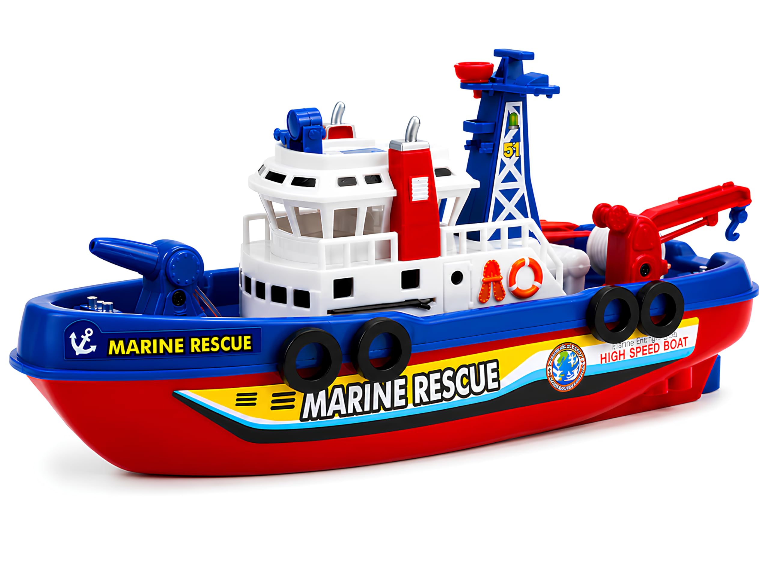 Barca Giocattolo con Cannone Spara Acqua Motoscafo a Batteria Funzionante Motoscafo Elettrico Battello Antincendio Giocattolo Nave Pompieri Soccorso Marittimo Nave Giocattolo Soccorso Nautico a Motore