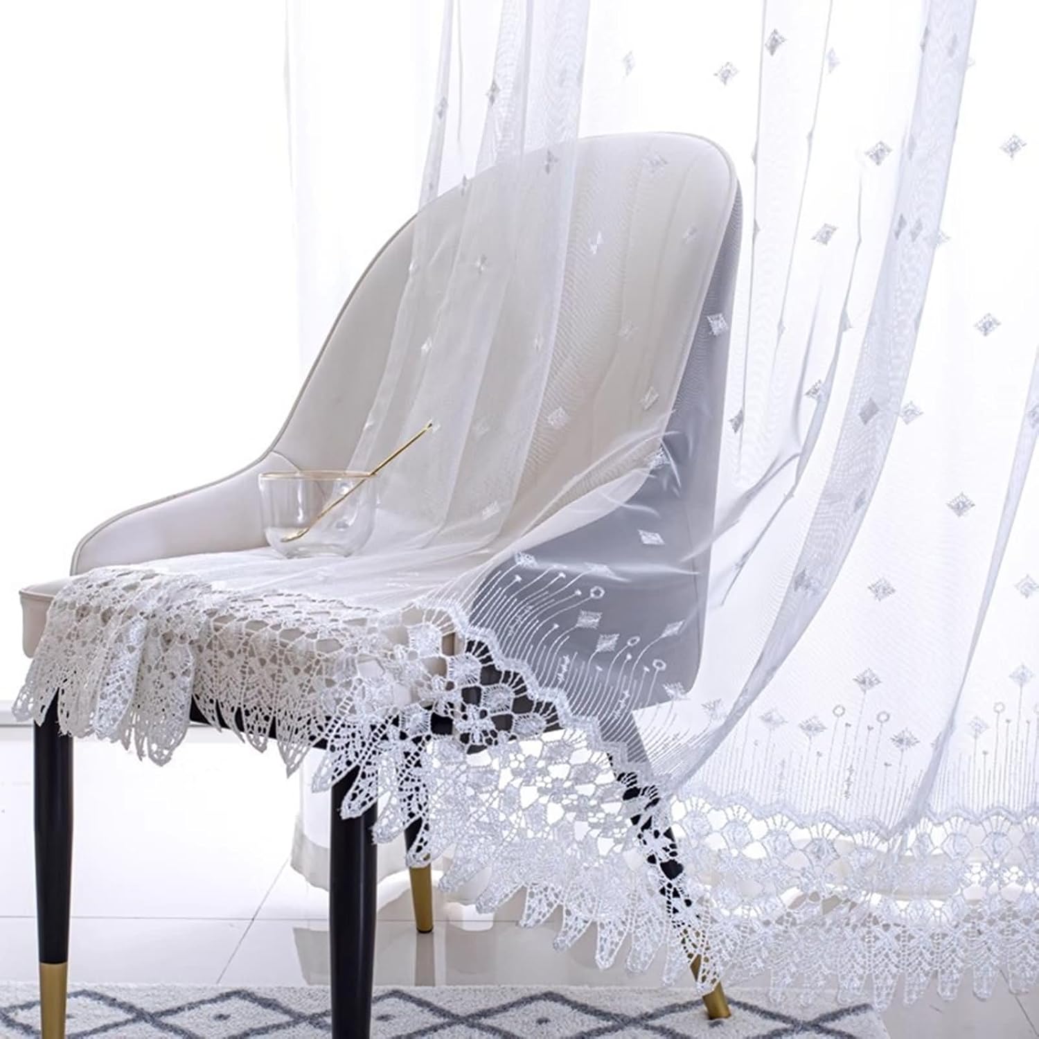 Sheer Curtains for Bedroom 2 Panels Set 72 inch Long, Transparent Curtains Eyelets Solid Color Hollow Embroidered Rhombus Window Curtain for Living Room Beige White, 42 x 72 Inch