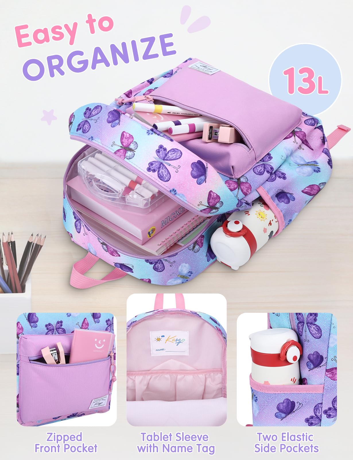 Cartable Fille Primaire, 13,2L Sacs à Dos Enfants Fille 6-8 Ans Imperméable Léger avec Sangle de Poitrine pour CP-CE2 Voyage Format A4 Papillon
