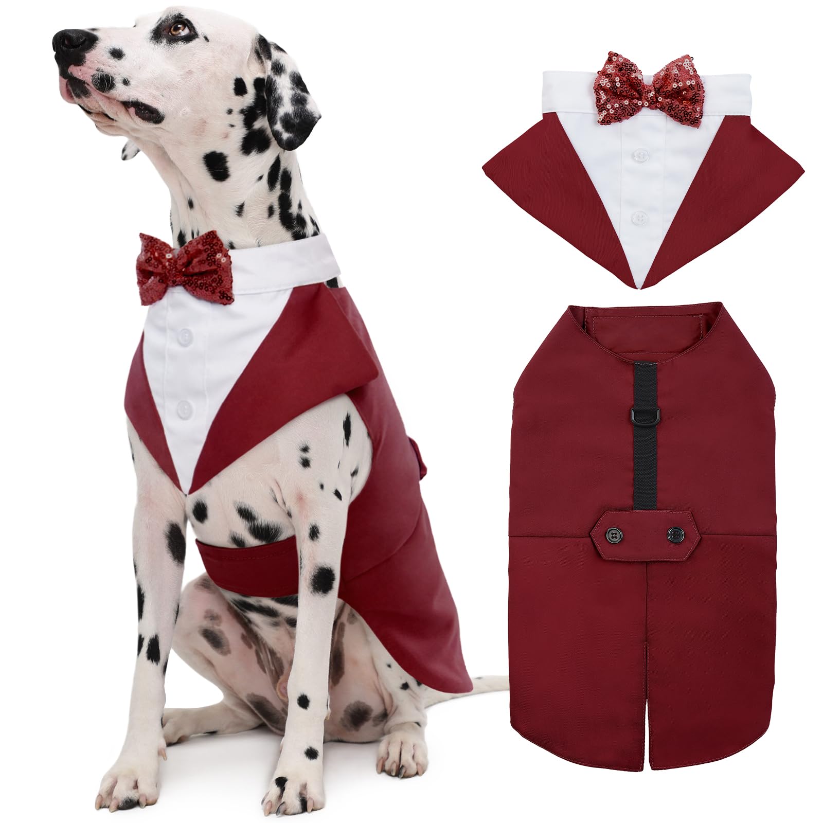 Kuoser Dog Tuxedo Dog Suit and Bandana Set, Dogs Tuxedo Wedding Party Suit, Doggy Prince Bow Tie Shirt Formal Pet Wedding Attire for Large Medium and