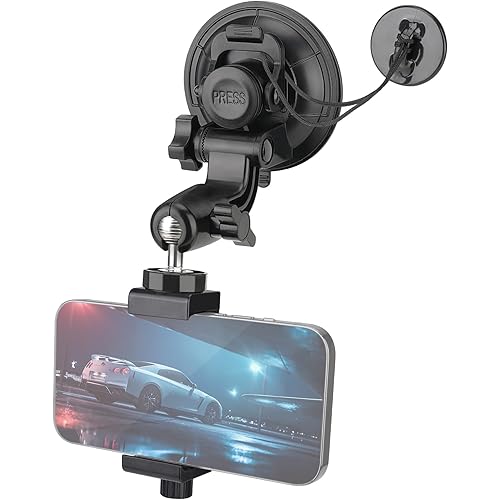 Heavy Duty Φ90mm Suction Cup + Adjustable Dual-Ball-Head Action Camera Dash Cam Phone Car Mount Windscreen Window Cockpit Holder for iPhone GoPro insta360 Video Recording (1.5kg Load)