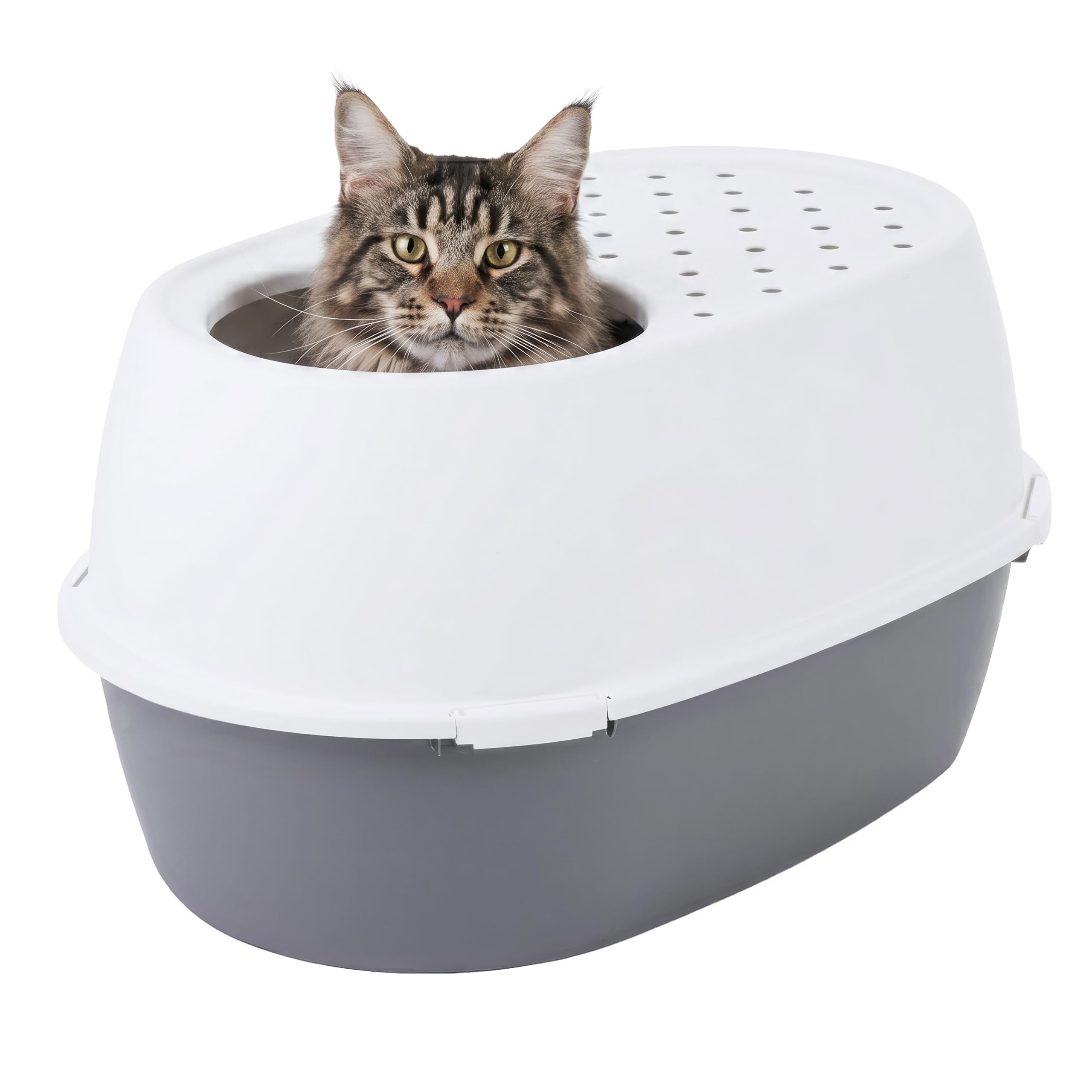 Photo 1 of IRIS USA Extra Large Top Entry Cat Litter Box, Dog Proof, Gray/White