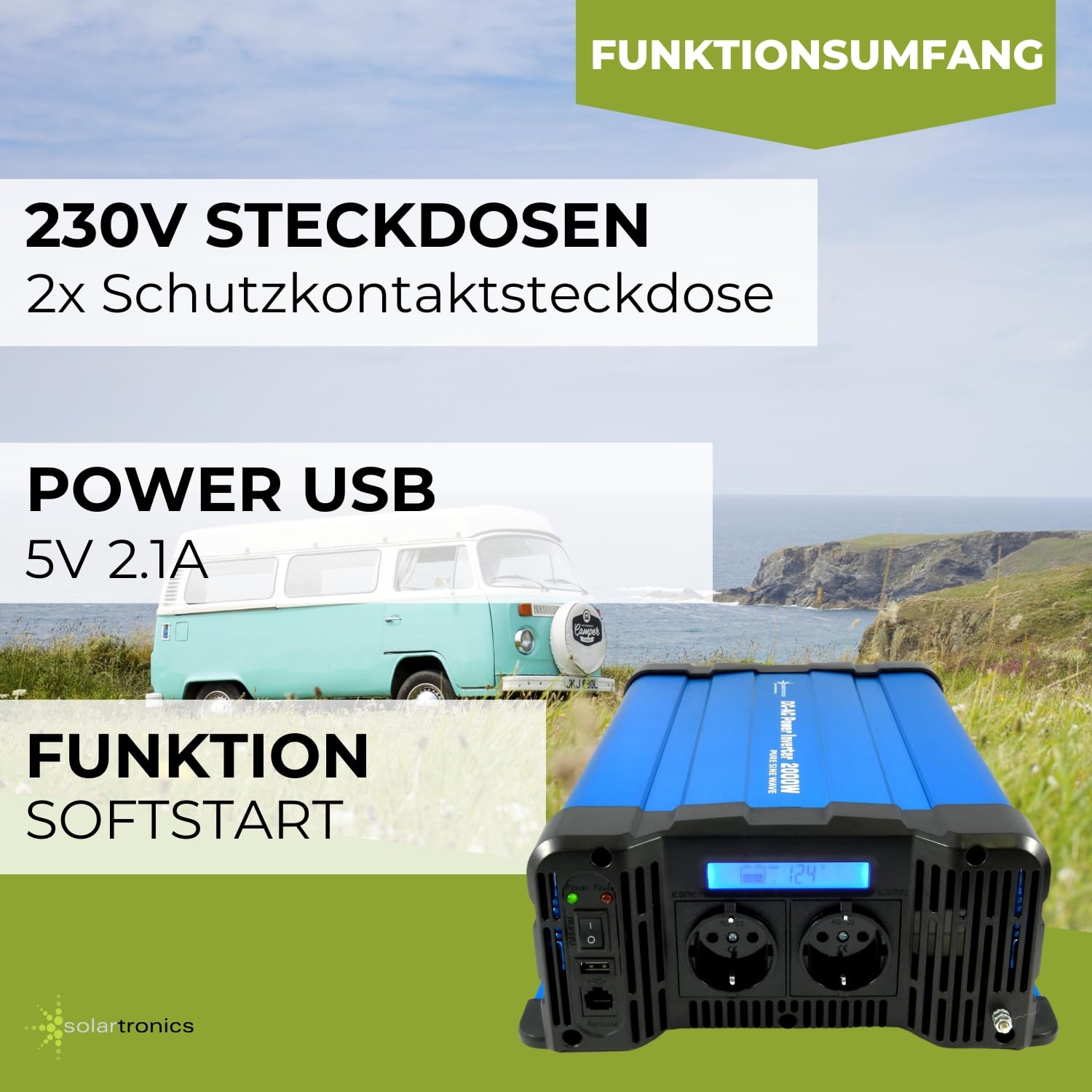SOLARTRONICS Spannungswandler FS2000D 12V 2000 Watt mit Display - Wechselrichter 12v auf 230v - Reiner Sinus - LiFePO4/Lithium, Blei-, Gel oder AGM-Batterie kompatibel - USB - Fernbedienung optional