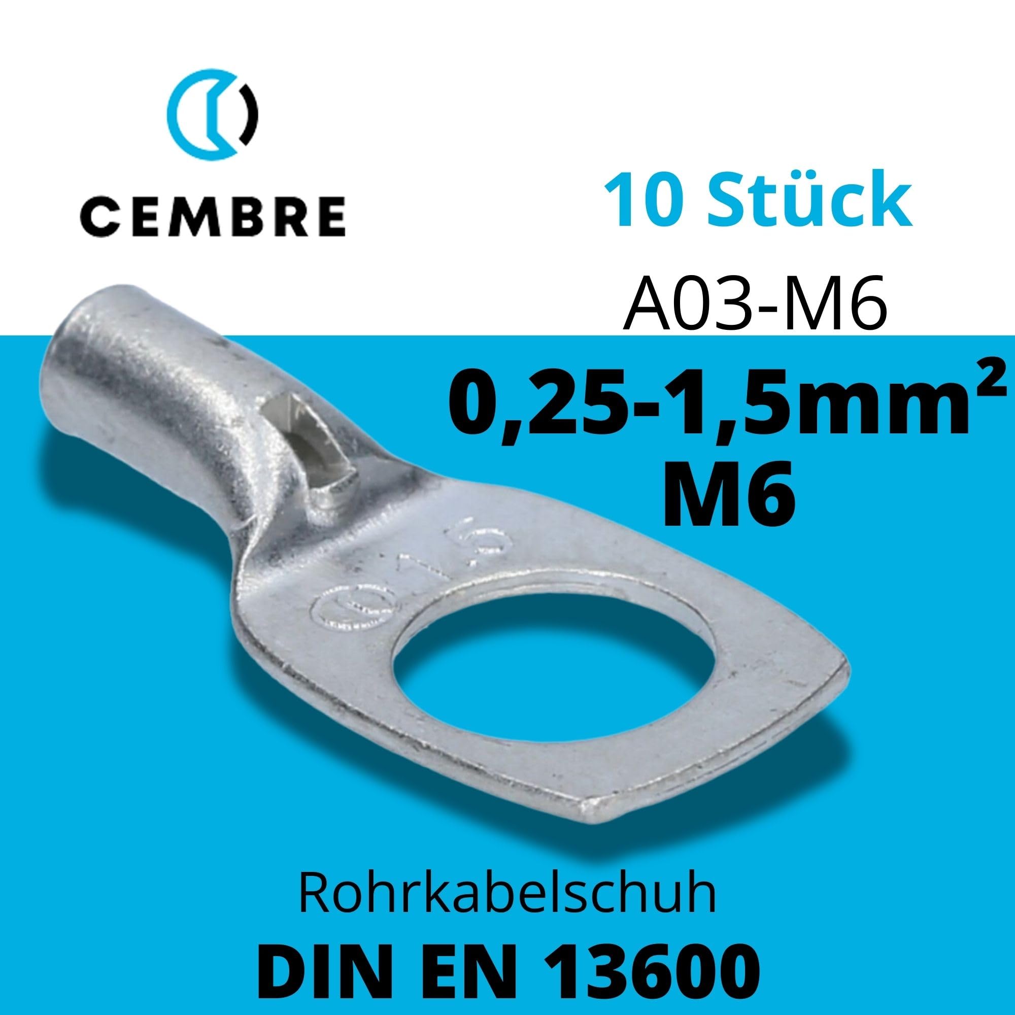 Cembre A03-M6 Lot de 10 Cosses Tubulaires 1,5 mm² M6 en Cuivre Étamé | Connecteurs à sertir non isolés avec trou de contrôle pour installation électrique, auto et moto, cuivre électrolytique