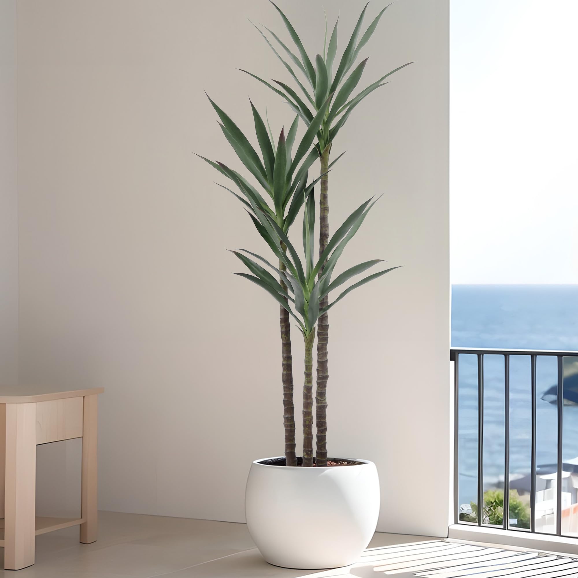 artificial tree 5.3ft faux agave plant with 45 leaves and 3 realistic trunks,fake floor potted artificial tall plants for home office garden decor indoor or outdoor (5.3feet,1pack)