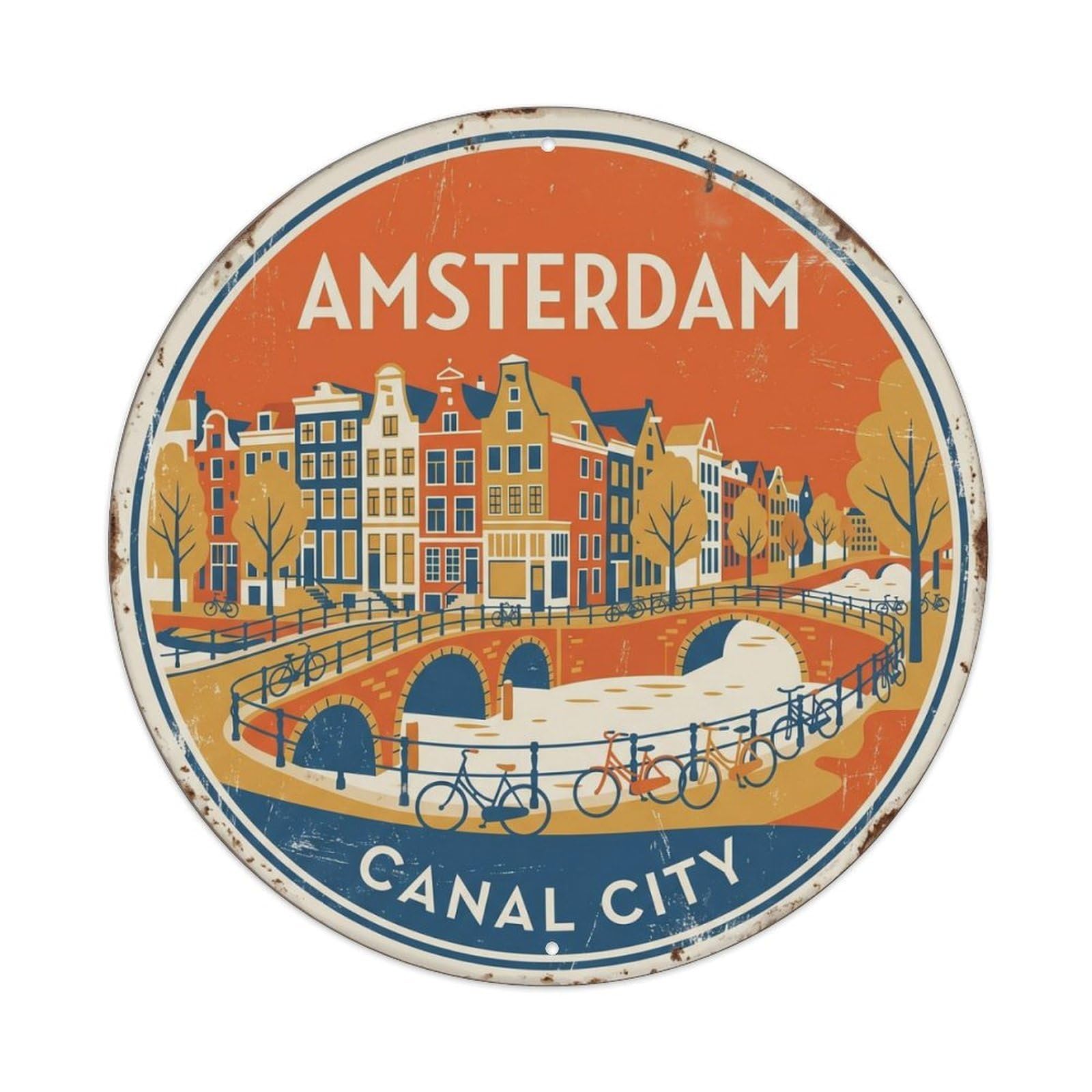 Vintage Travel Amsterdam Canals Bicycles Metal Tin Sign Plaque Wall Decor for Cafe, Club, Garden Round Metal Poster 8x8Inch