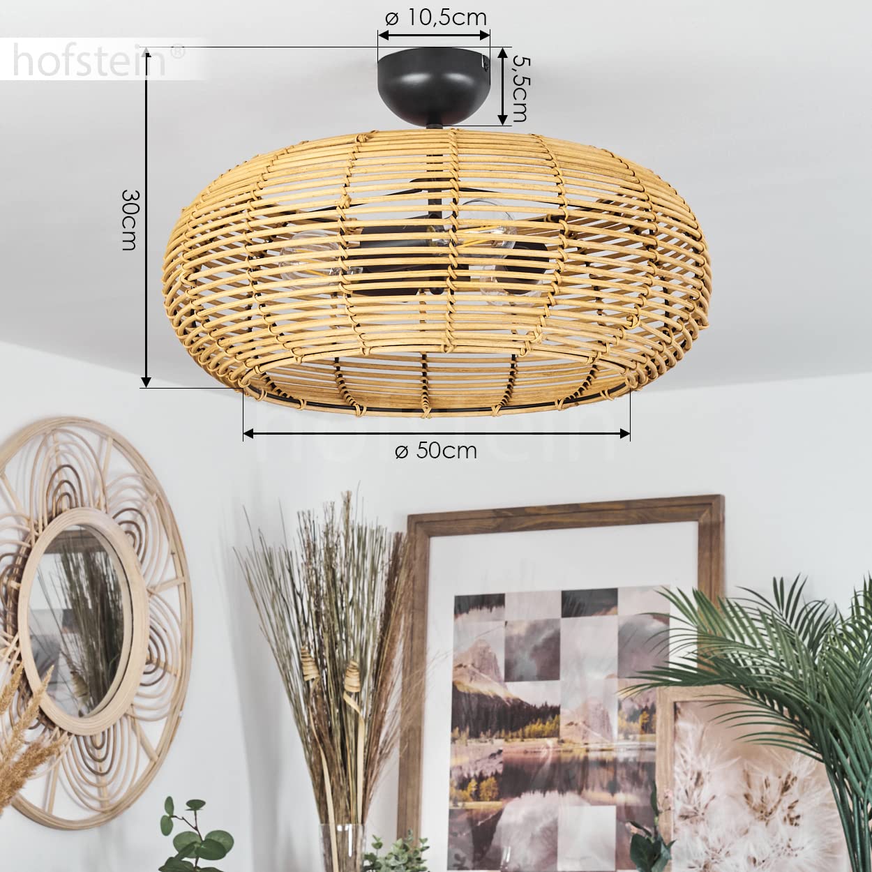 Lampada da soffitto Sepins, lampada in rattan/metallo in colore naturale/nero, design scandinavo, lampada boho con paralume a griglia e grande effetto luminoso, Ø 50 cm, E27, senza lampadina/e