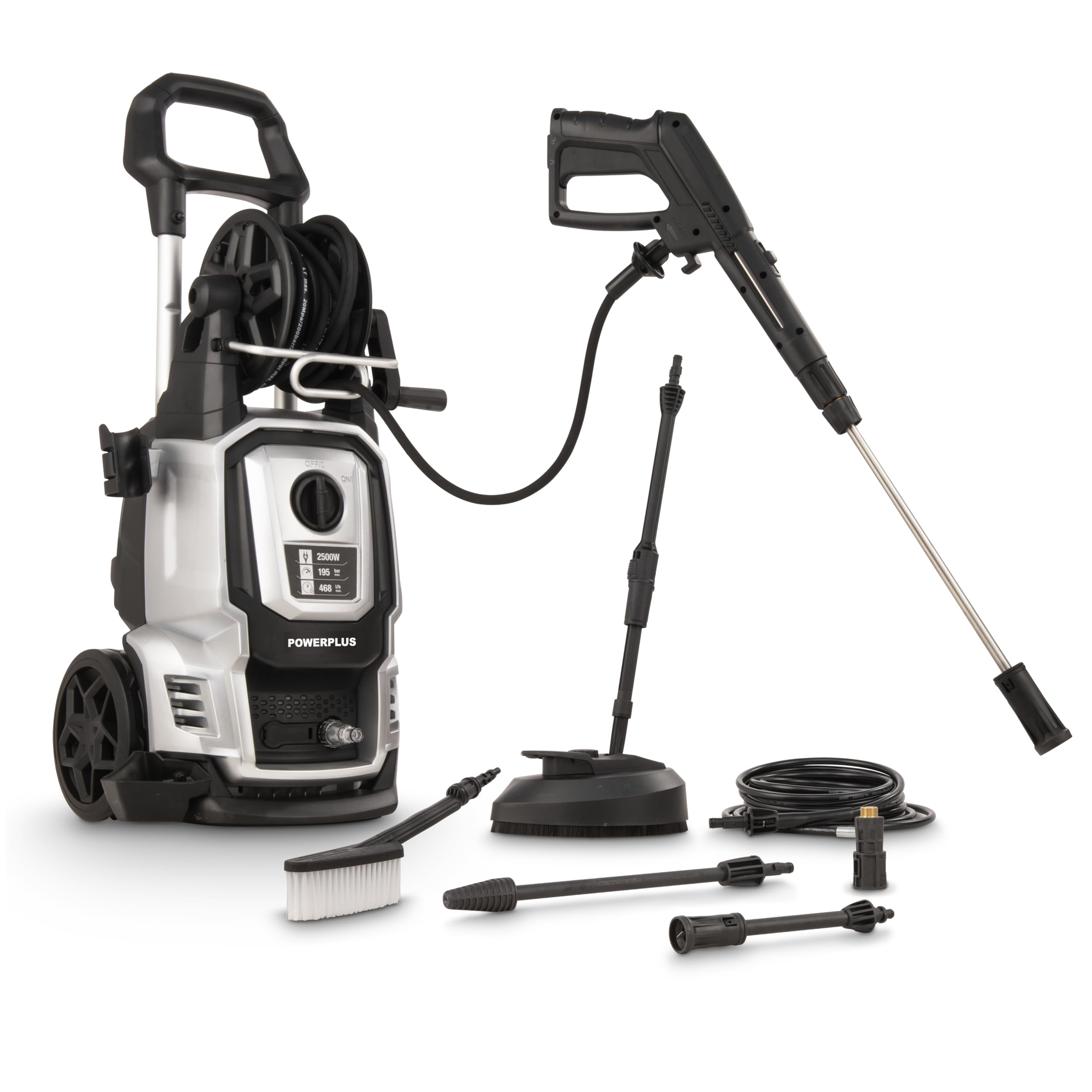 Powerplus Lavadora eléctrica de Alta presión POWXG90426 - [5620] Limpiador de Exterior, función de Arranque/Parada, presión máxima de 195 Bar y Temperatura de 50 °C, Manguera de 8 m y Accesorios