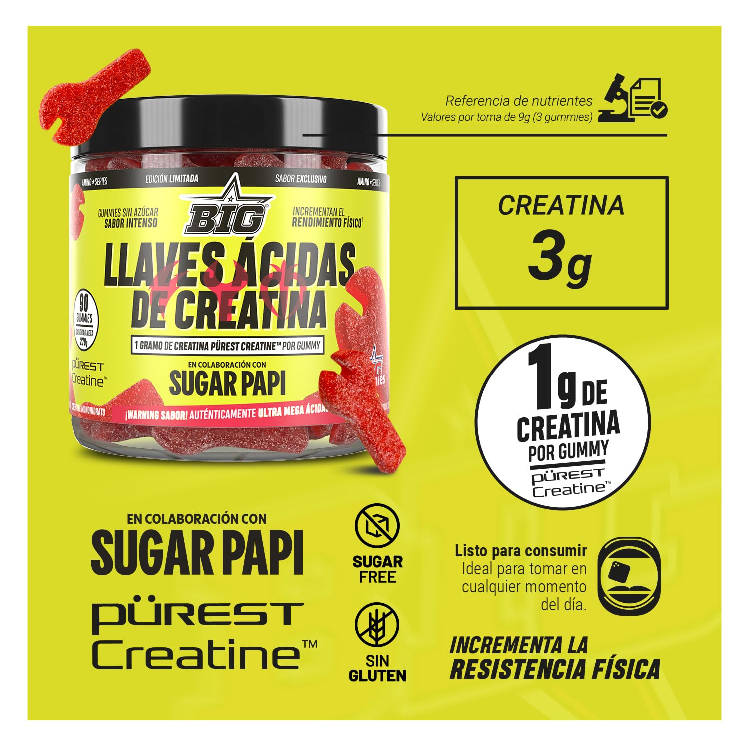 BIG x SUGAR PAPI Gominolas de Creatina Monohidratada Llave Ácida para Rendimiento Físico y Fuerza Muscular, 90 Gominolas Sin Azúcar y Sin Gluten Edición Especial