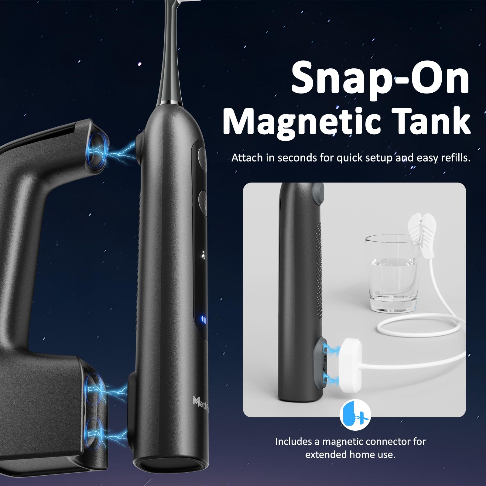Marchpower Cepillo de Dientes Eléctrico Sónico con Irrigador y 46° Oscilación Vibración, IPX7 Impermeable Irrigador Dental Portatil con 2 Cabezales Aceptado, Depósito Magnético de Agua de 155 ml