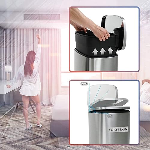 Miniatura 5 de Basurero de cocina de 13 galones de acero inoxidable cepillado con tapa suave y lenta, cubo de basura de alta capacidad de 50 litros para baño,