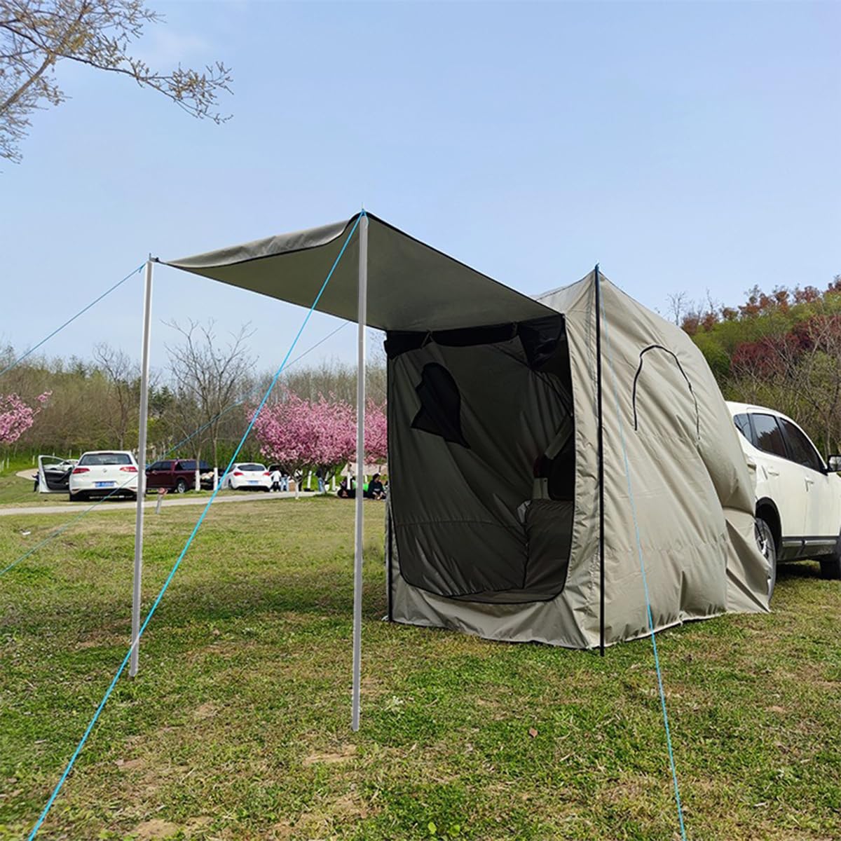 TentHome Waterproof SUV Tailgate Tent Awning Canopy with Floor, Car Tent Attachment for Camping Hatchback,Fit for CUV, SUV and Minivans (Warm Grey (without door awning pole))