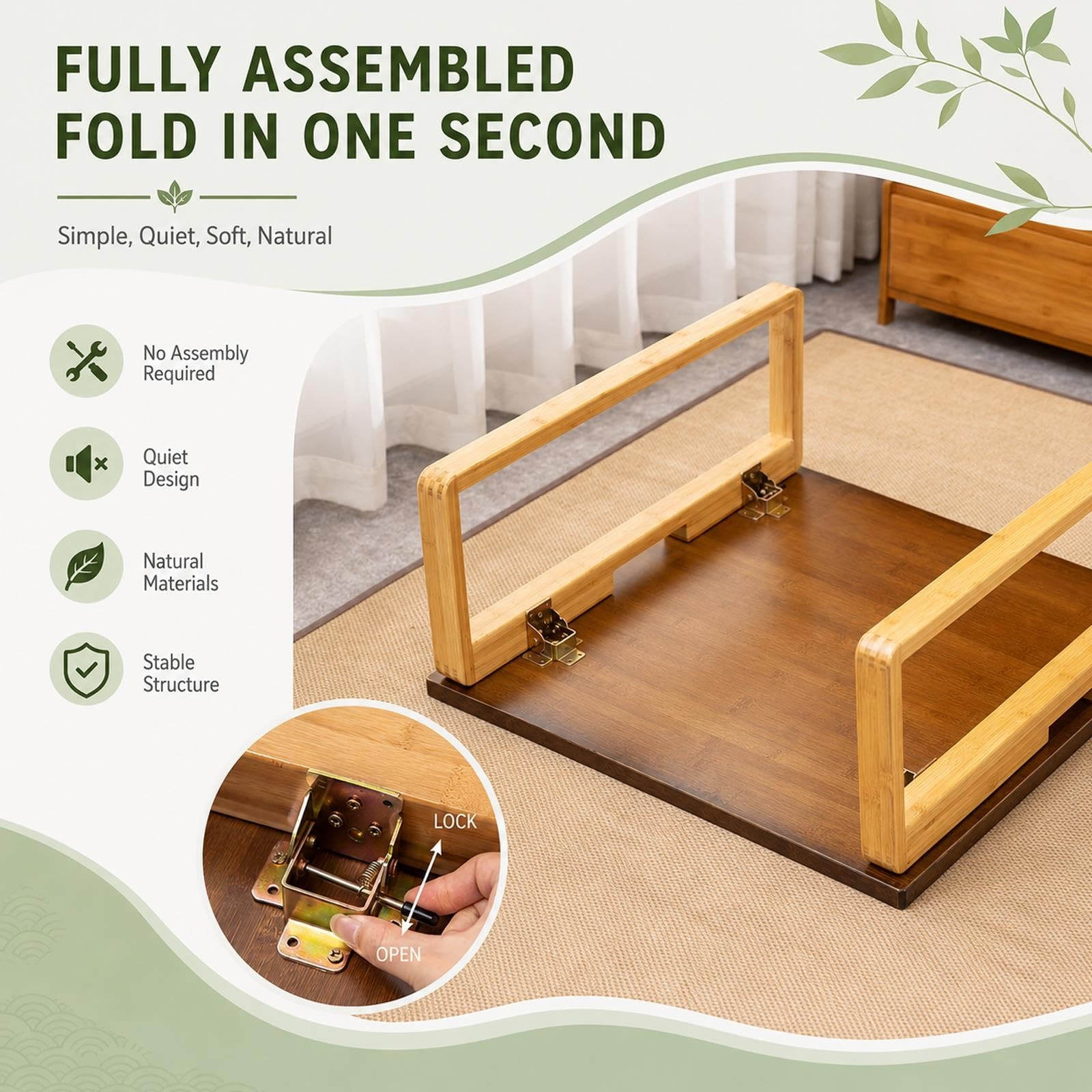 Table de Lit Pliable, Table Japonaise Basse Compacte, Pieds Repliables