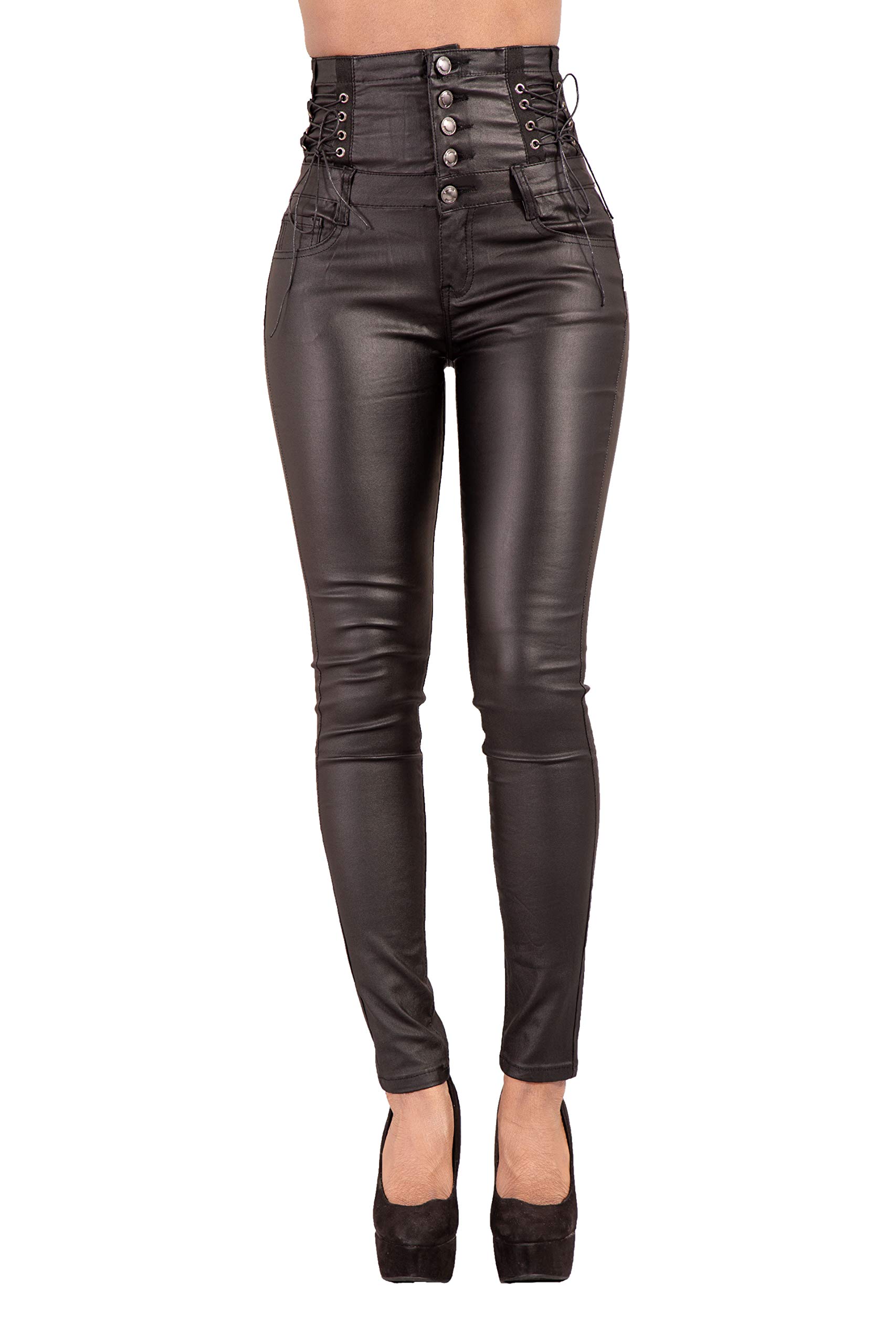 Pantalon Jean Taille Haute Aspect Cuir pour Femme | Pantalon Slim boutonné Sexy à Taille Haute pour Femmes