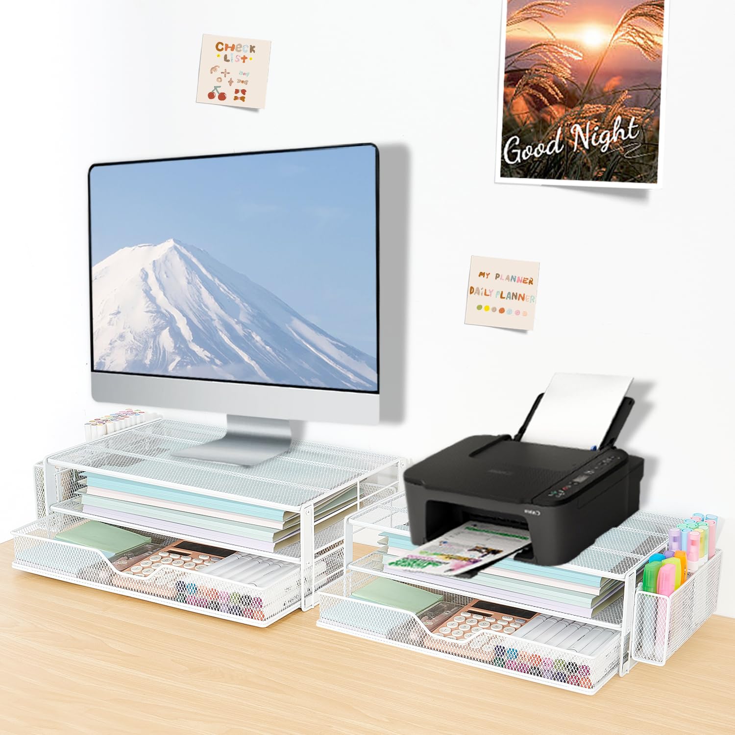AUPSEN Computer-Monitor-Ständer, 2-stöckig, Schreibtisch-Organizer und Zubehör, Büro-Schreibtisch-Zubehör-Organizer mit Schubladen und 2 Stifthaltern für Bürobedarf (weiß)