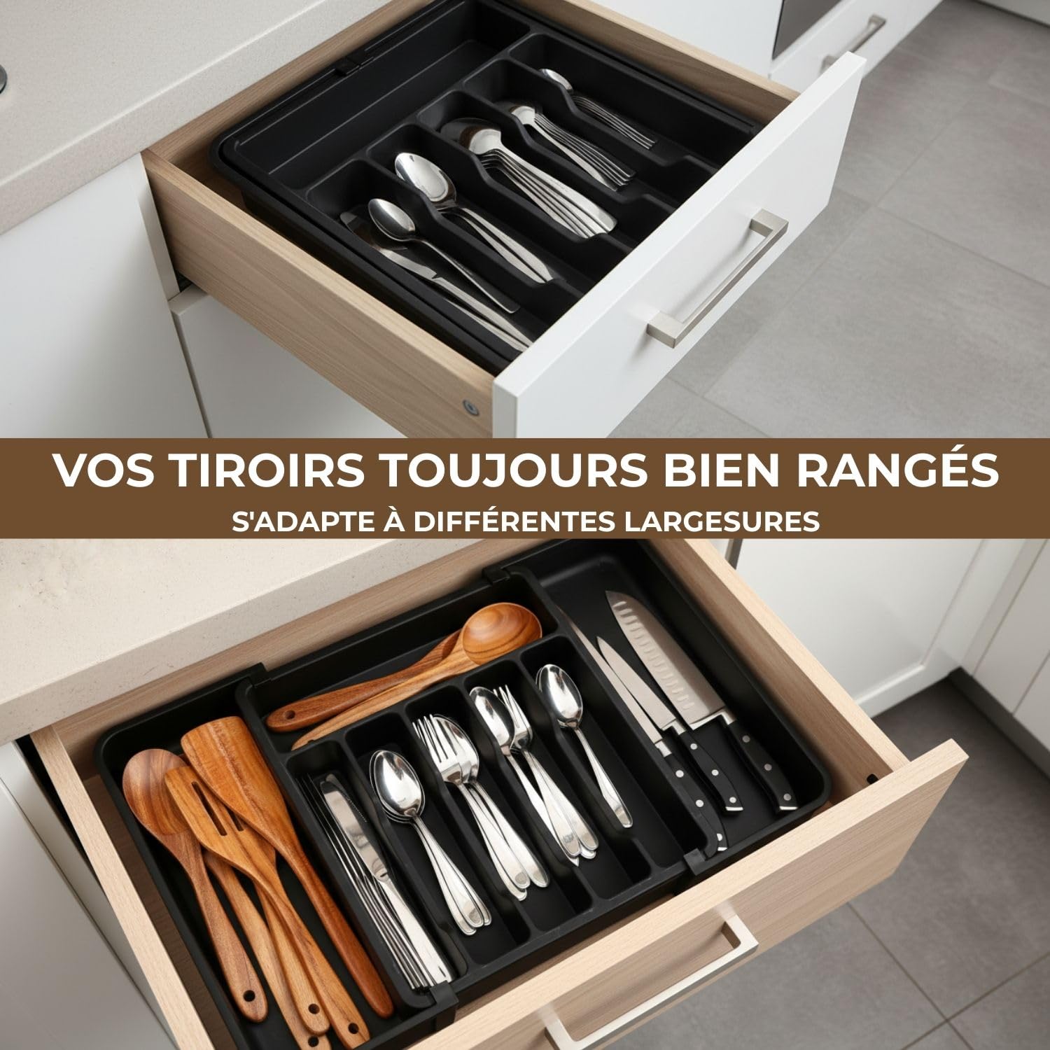 Set couverts de table 6 personnes (30 pièces) avec range couverts pour tiroir. set de couvert de table inox pour cuisine. Lot couvert de table avec rangement tiroir cuisine extensible (60 pièces)