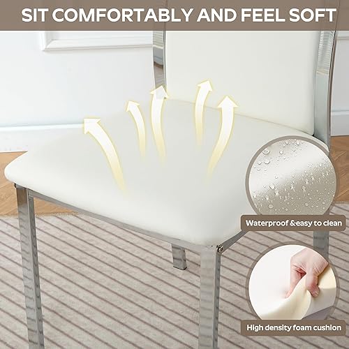 Miniatura 6 de Juego de 4 sillas de comedor modernas, piel sintética blanca con patas de metal cromado plateado, diseño curvado de respaldo alto y amortiguación de