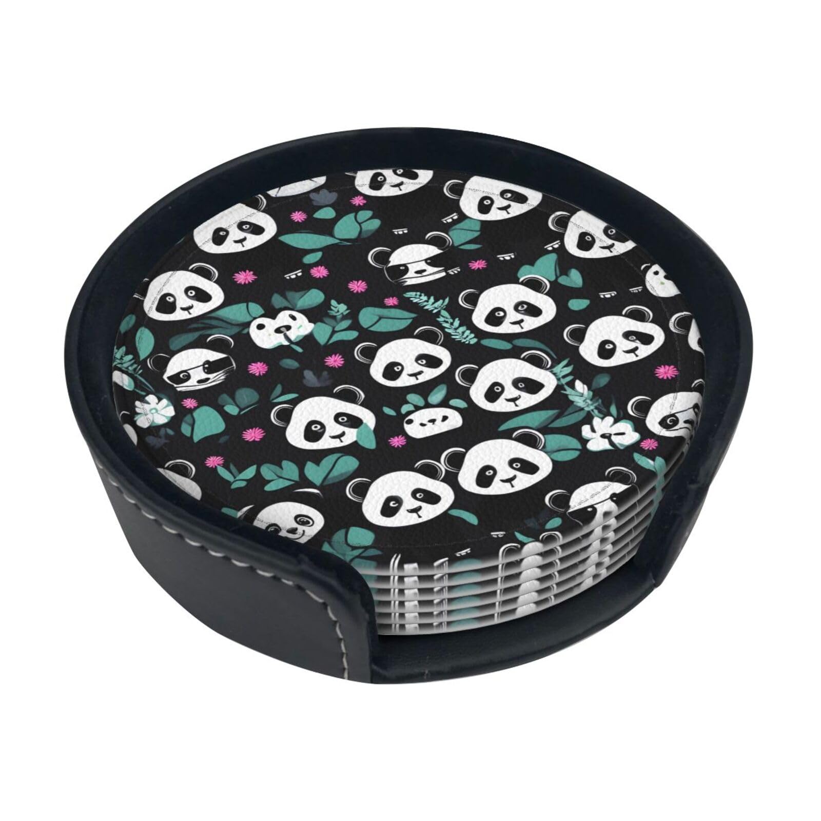 Cntdbu White Panda Cute Face Leather Coasters Set Of 6-Pu Leather Drink Mats For Table, Heat Resistant Round Coasters With Holder