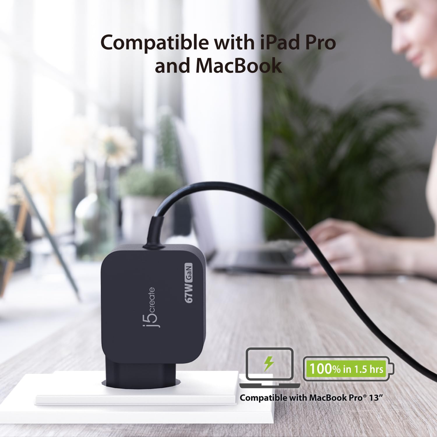 j5create 67W USBC mini caricabatterie con DC, adatto per il computer portatile alimentato USBC e il computer portatile alimentato DC (JUP1565DCE3A)
