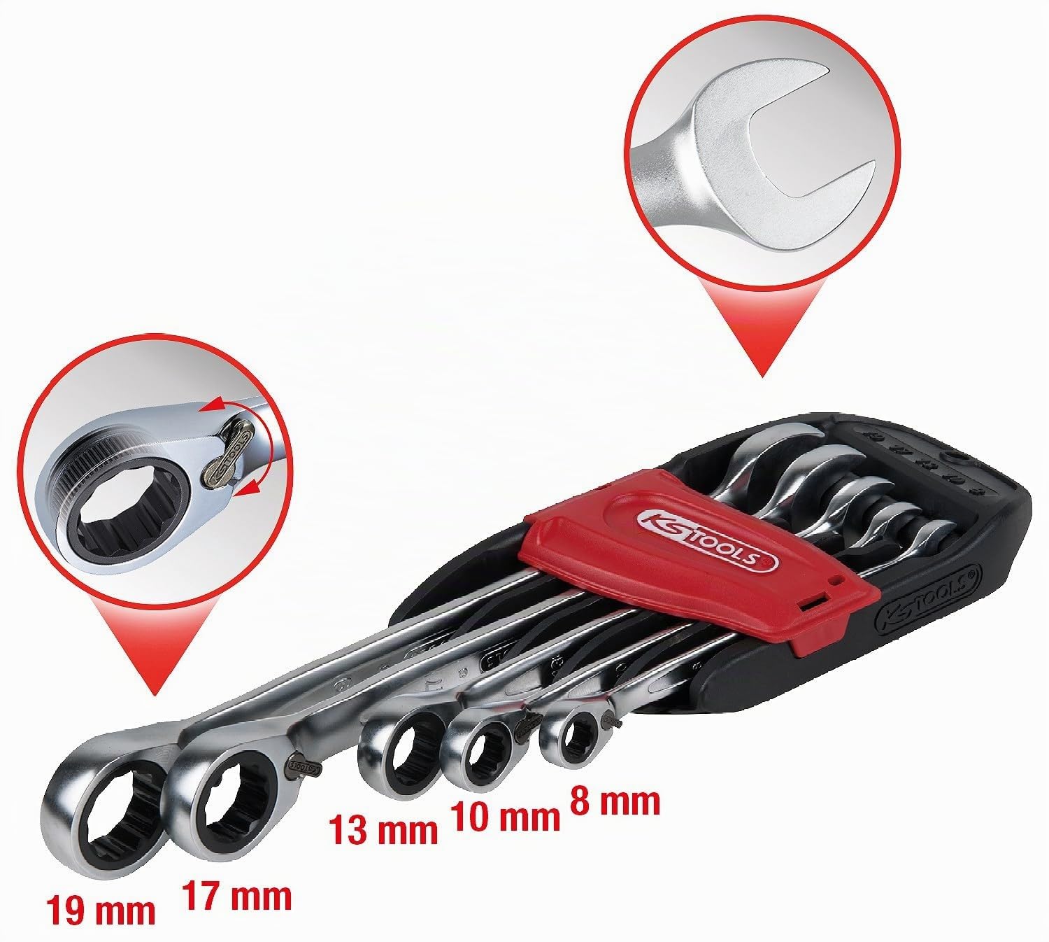 KS Tools 503.4605 Jeu de clés mixtes à cliquet réversibles 72 dents | Jeu de clés mixtes à cliquet réversible GEARplus, 5 pcs. 8-19mm, chrome vanadium