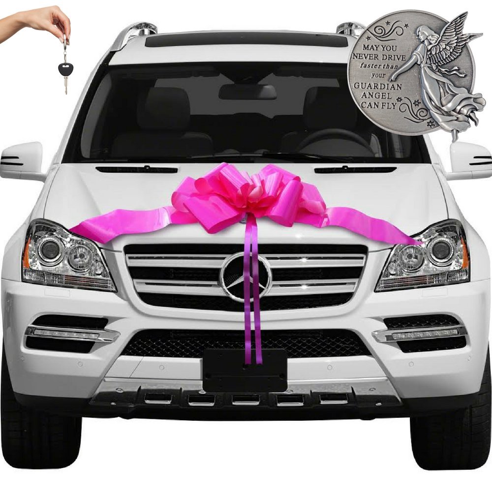 Hot Pink Car Bow (Fuschia), Giant Bows for New & Used Cars, Sweet 16 or Birthday Gifts, Large Presents, Decorations, Huge 23 Inch Ribbons with 53" Long Oversize Tails, Bonus Auto Visor Clip Included