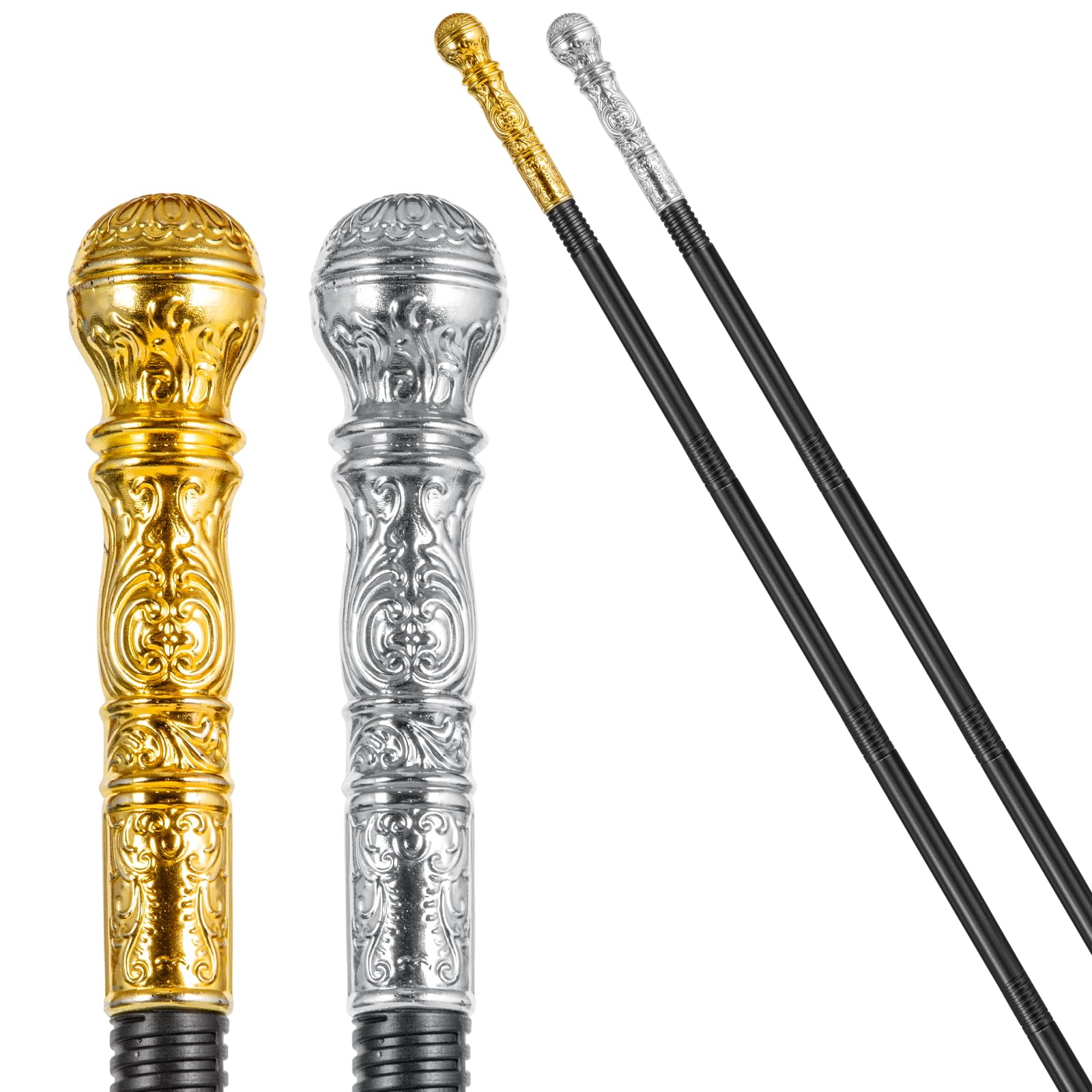 Halloween Vintage Cane Scepter Wizard Staff, 4-Section King Staff 55 inches Golden/Silver Elegant Prop Stick Scepter Walking Canes for Adult Dress-up play and pretend Parties (gold+silver plated 2pcs)