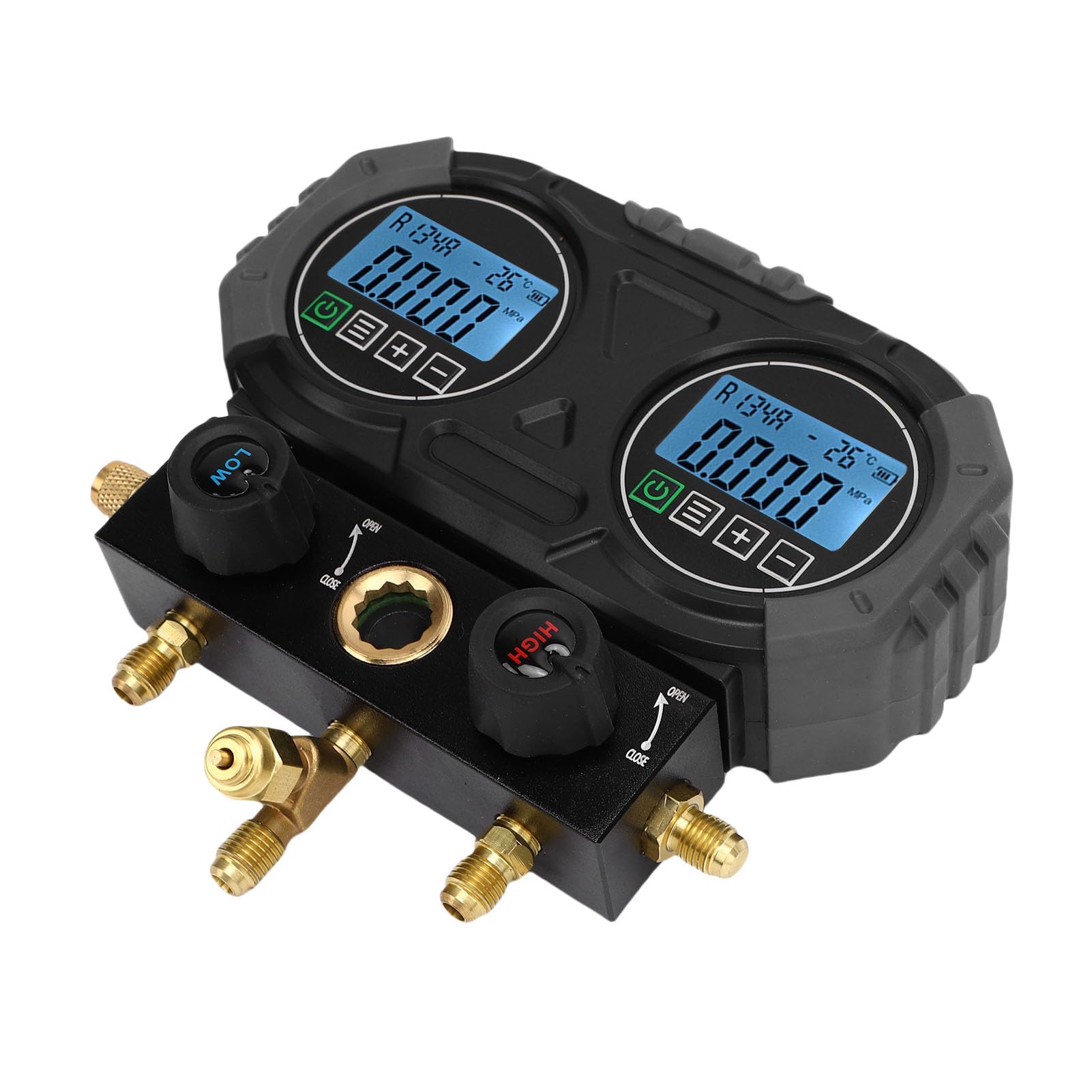 SIXRUN Manómetro Digital para HVAC, Juego de Manómetros Digitales para AC con 2 Pinzas de Temperatura para R134A R1234YF R22 R32 R410A y 92 Refrigerantes