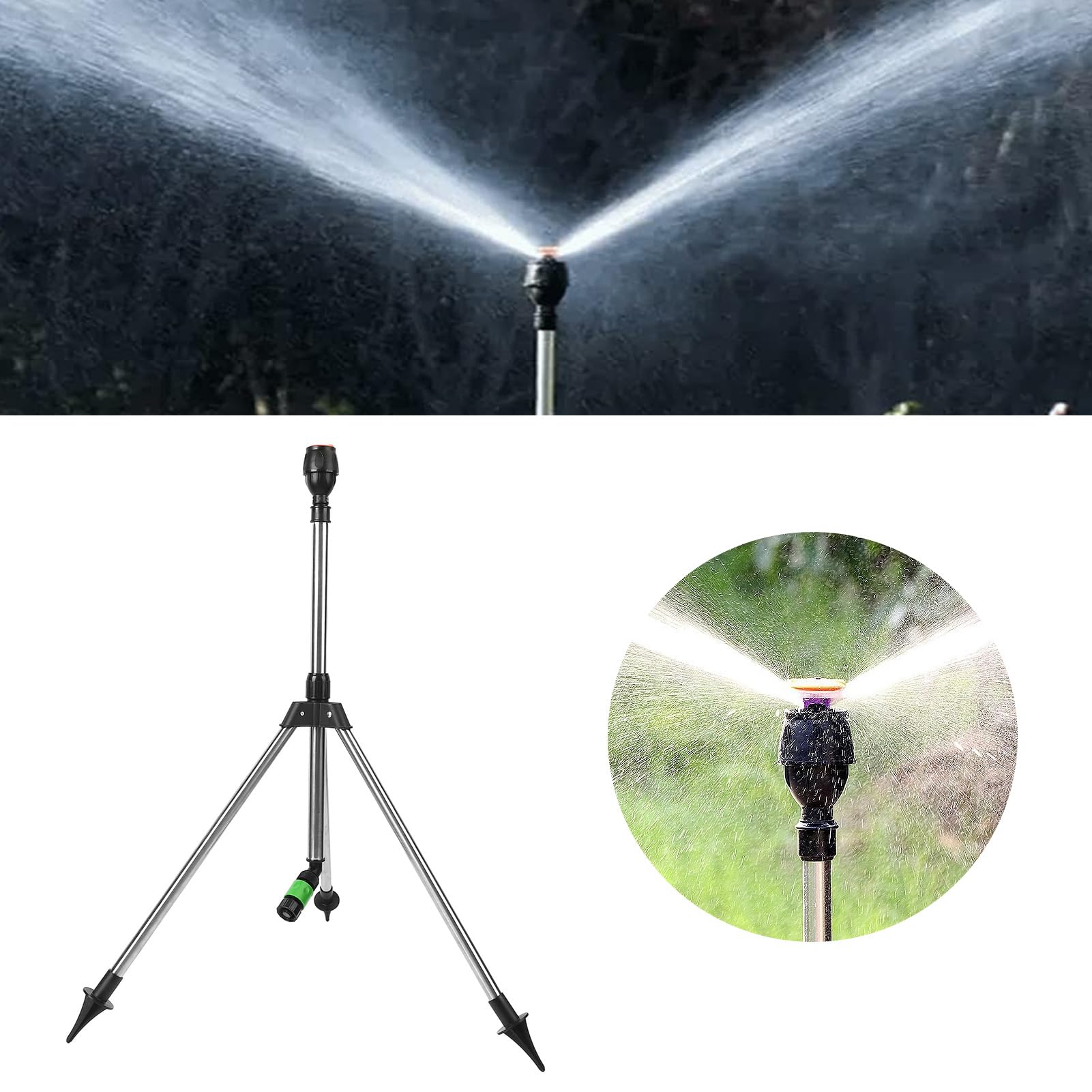 Trípode de aspersor variable, cabezal de riego automático giratorio de 360 grados para riego eficiente de jardín y césped, con diseño elevador y accesorios