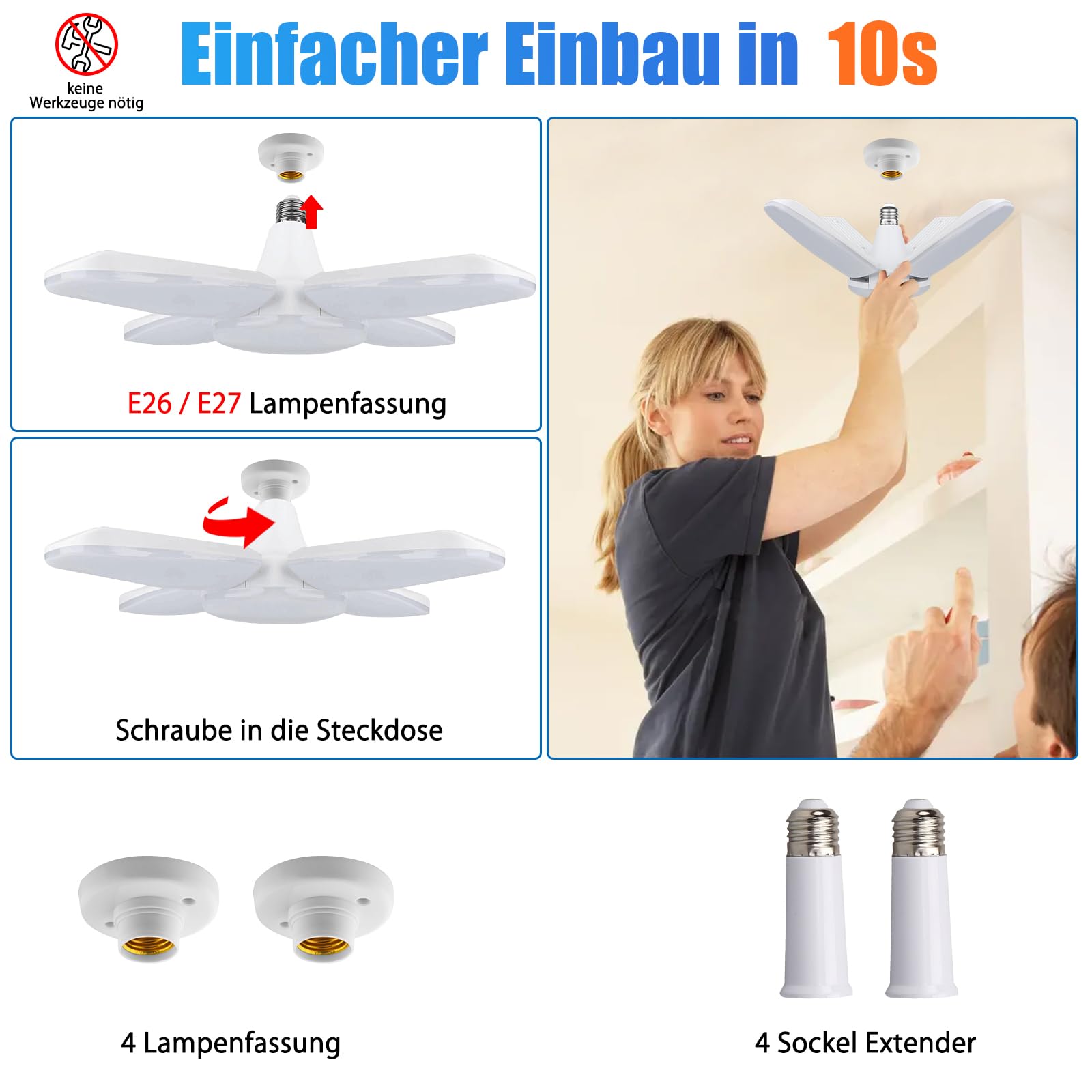 Yiliaw 4er-Set LED Garagenleuchte 80W – 8000 Lumen, Verstellbare Panels, Tageslicht 6500K, Einfach Zu Installieren