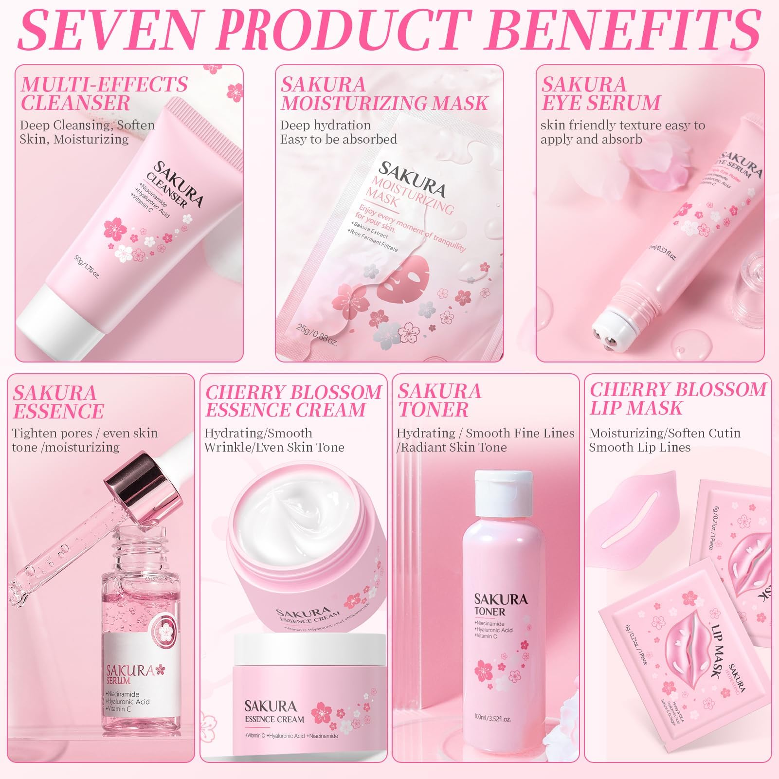 Kit per la Cura della Pelle Sakura 12 Pezzi,include Detergente, Tonico, Crema Viso, Maschera, Siero e Crema per Gli Occhi,Accessori,Set Skincare Viso Completo per Ragazze e Donne