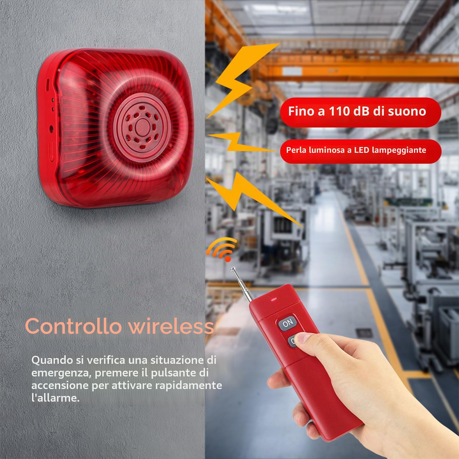 Semme di Allarme Antincendio Wireless 433 MHz, Campanello di Allarme Antincendio Manuale con Sonoro e Luminoso e Telecomando, per la Sicurezza Commerciale Residenziale (Spina europea)