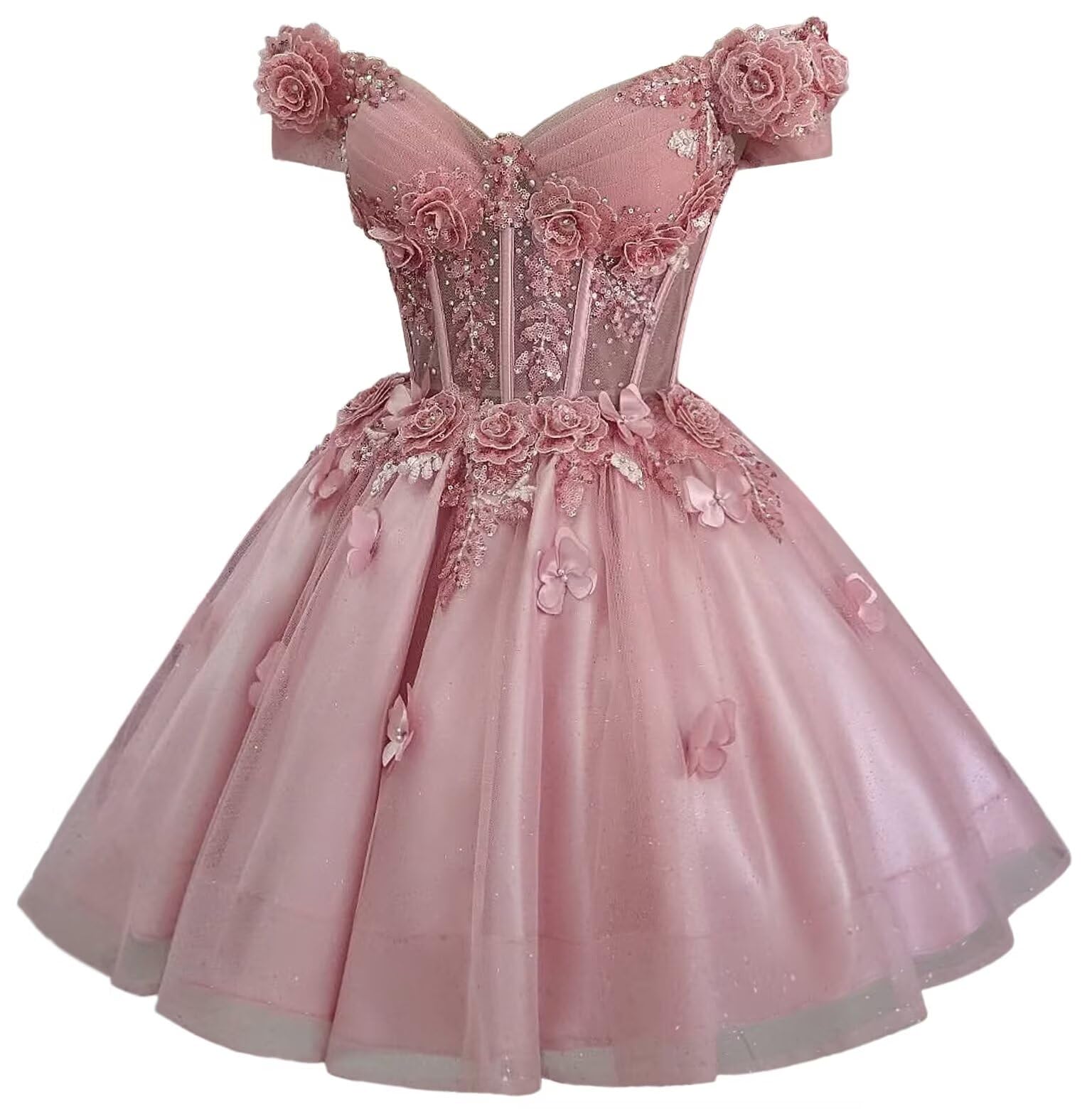 Zhangyo Sparkly Tulle Homecoming Dresses for Teens Off Shoulder DAMA Dresses for Quinceanera 3D Butterfly Short Ball Gown