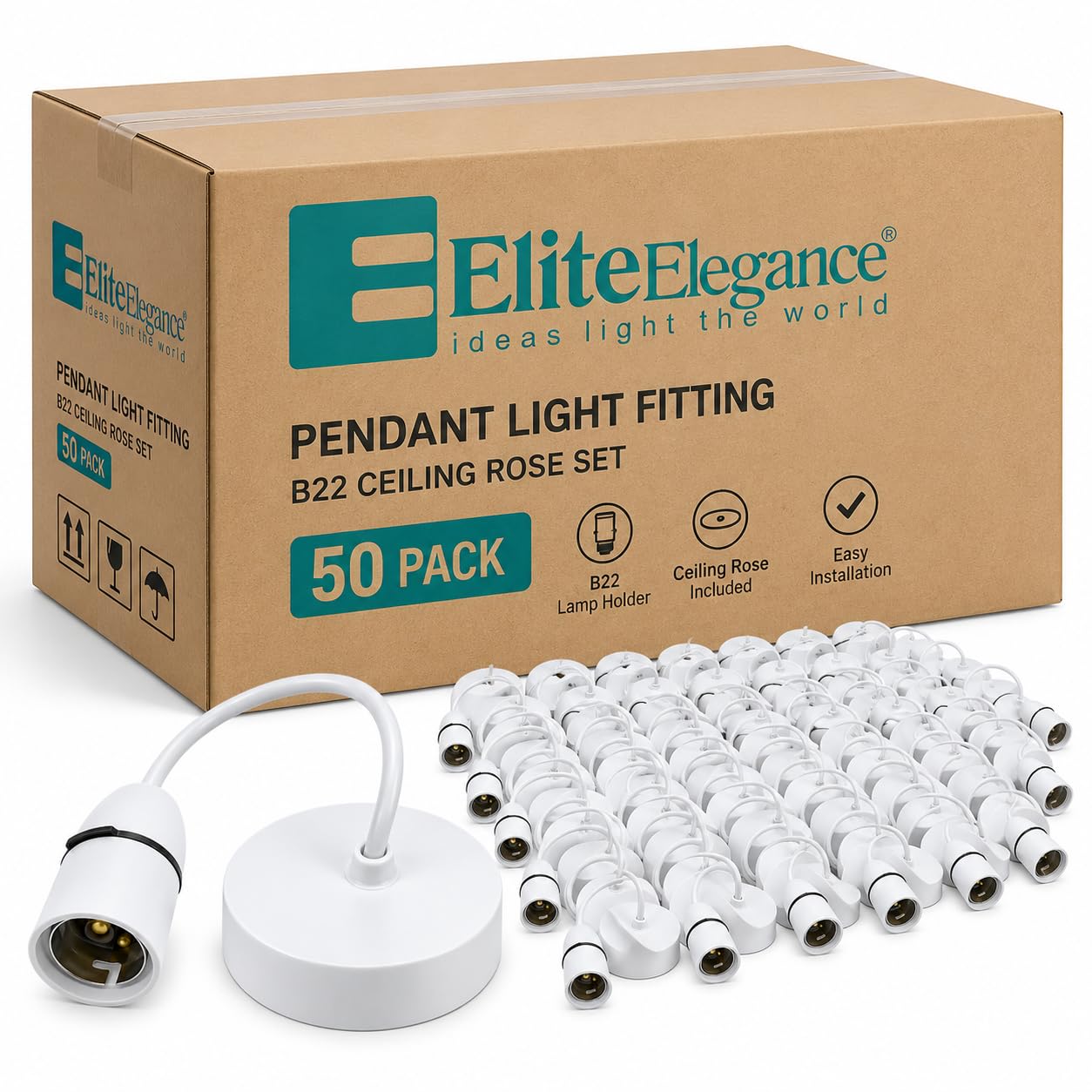 Elite Elegance 6 Inch B22 Ceiling Pendant Light Fitting with Ceiling Rose (50)