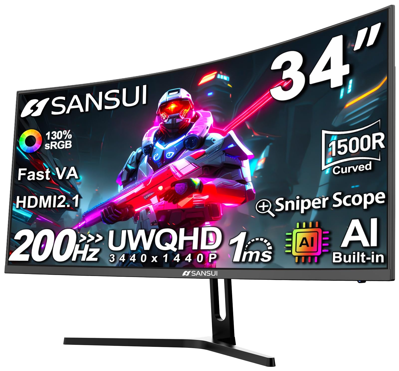 SANSUI 34-Inch Curved Gaming Monitor UWQHD 3440 x 1440P 200Hz Ultrawide | 34” Ultra Wide Gaming Computer Monitor-PIP/PBP, OD 1ms, HDR, 300nits, 130%sRGB, DCI-P3 97%,AI Crosshair,HDMI2.1x2,DP1.4