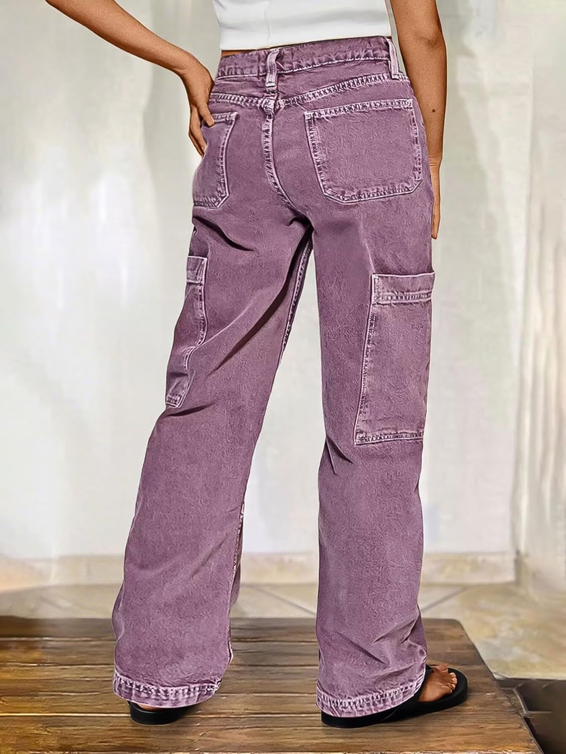 Flamingals Wide Leg Jeans for Women Mid Waist Baggy Stitch Decor Denim Washed Pants Without Belt