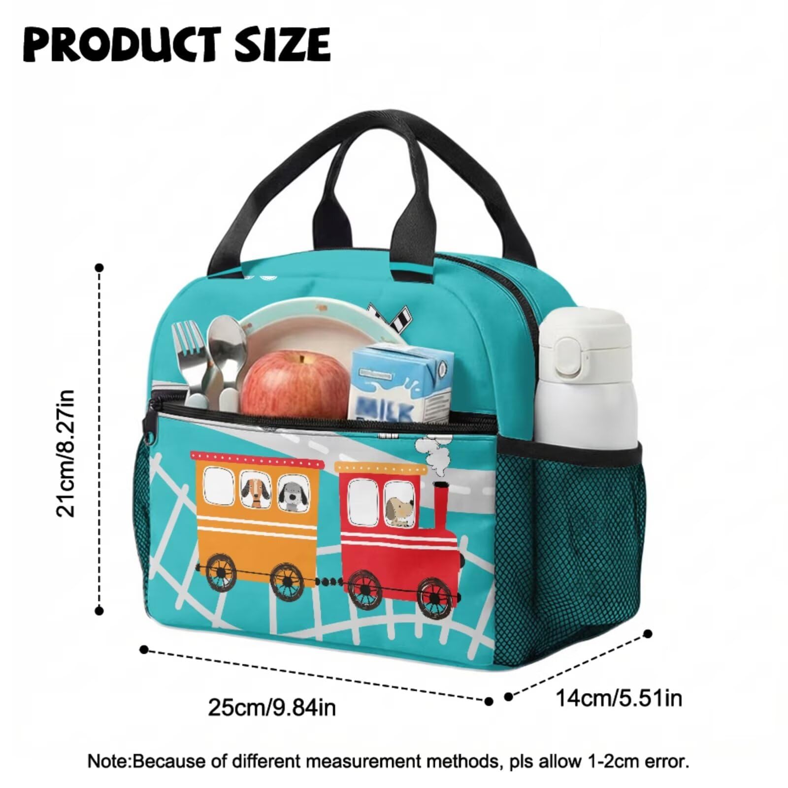COEQINE Mochila para niños pequeños con fiambrera, juego de 3 bolsas escolares con bolsa de utensilios para niños de 4 a 10 años, Red Train Traffic Teal Sky, M, Diseñador